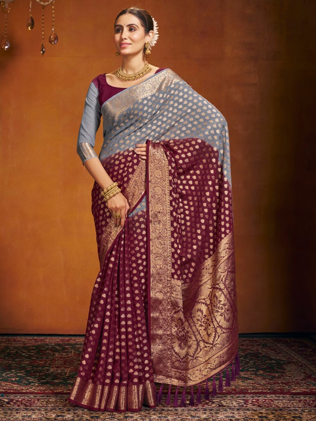 

V3 FASHION STUDIO Floral Zari Pure Georgette Banarasi Saree, Maroon