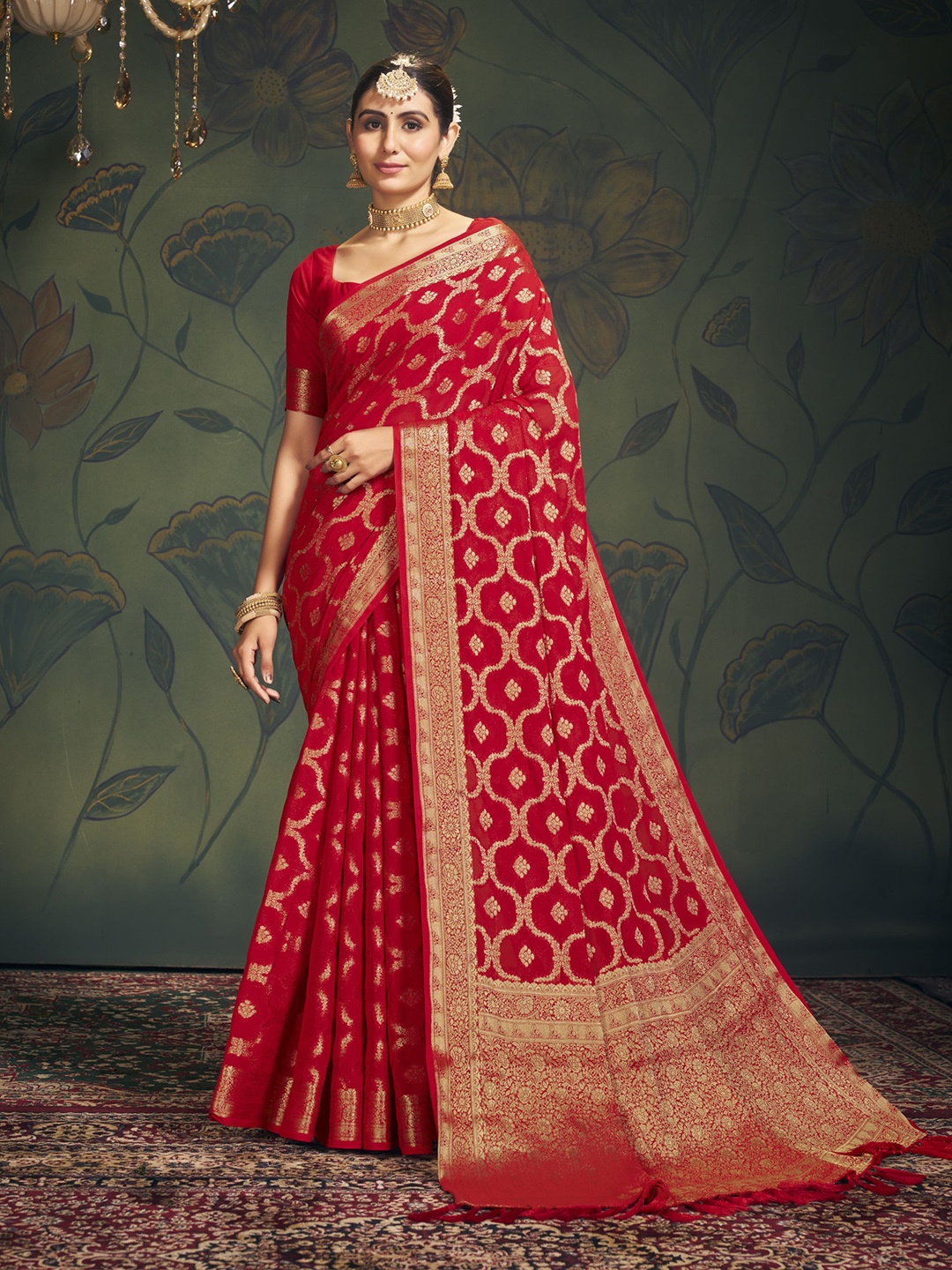 

V3 FASHION STUDIO Ethnic Motifs Woven Design Zari Pure Georgette Banarasi Saree, Red