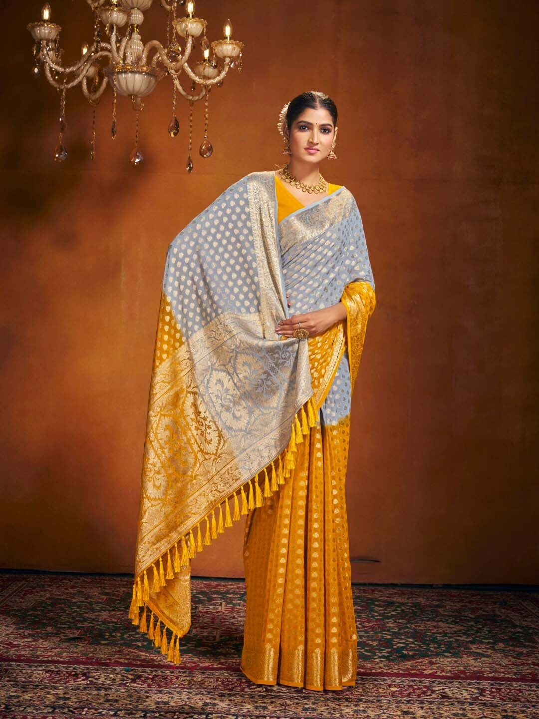 

V3 FASHION STUDIO Ethnic Motifs Zari Pure Georgette Banarasi Saree, Orange