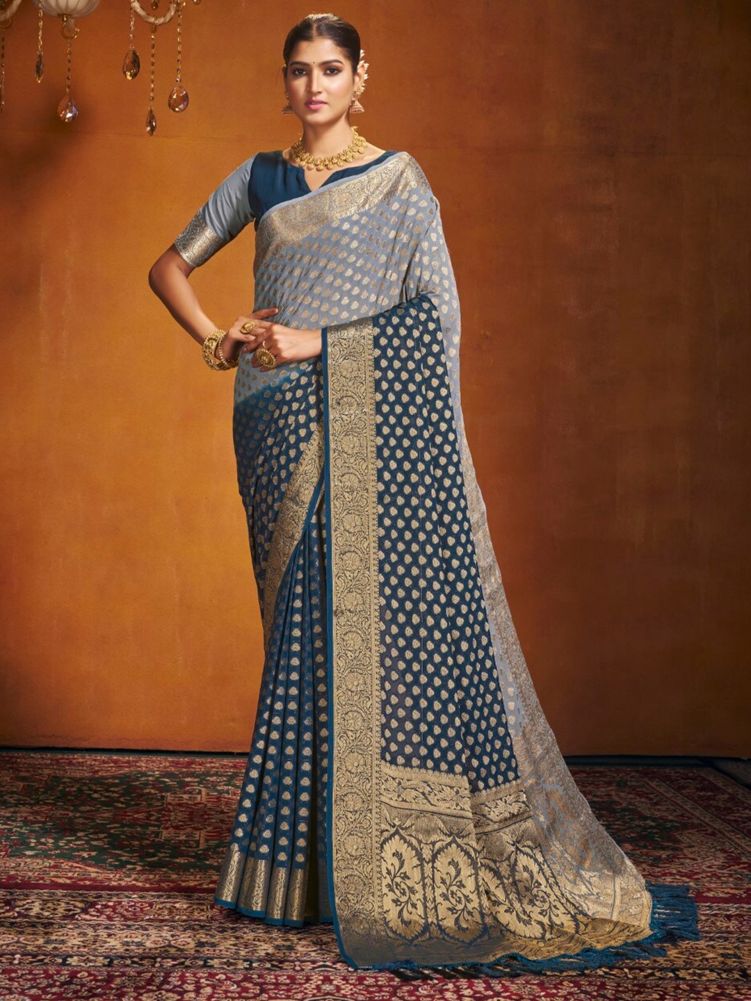 

V3 FASHION STUDIO Ethnic Motifs Zari Pure Georgette Banarasi Saree, Blue