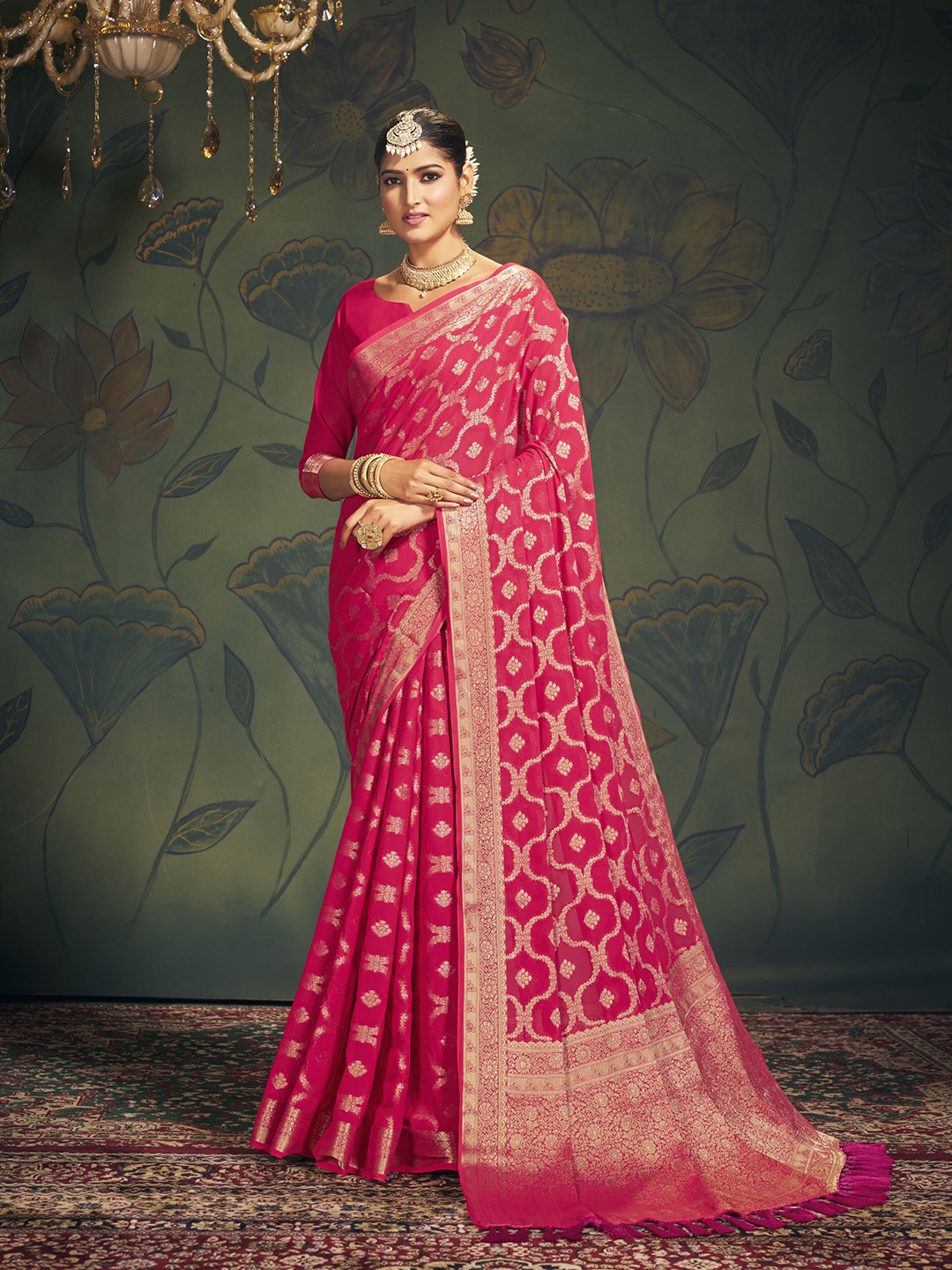

V3 FASHION STUDIO Ethnic Motifs Zari Pure Georgette Banarasi Saree, Pink