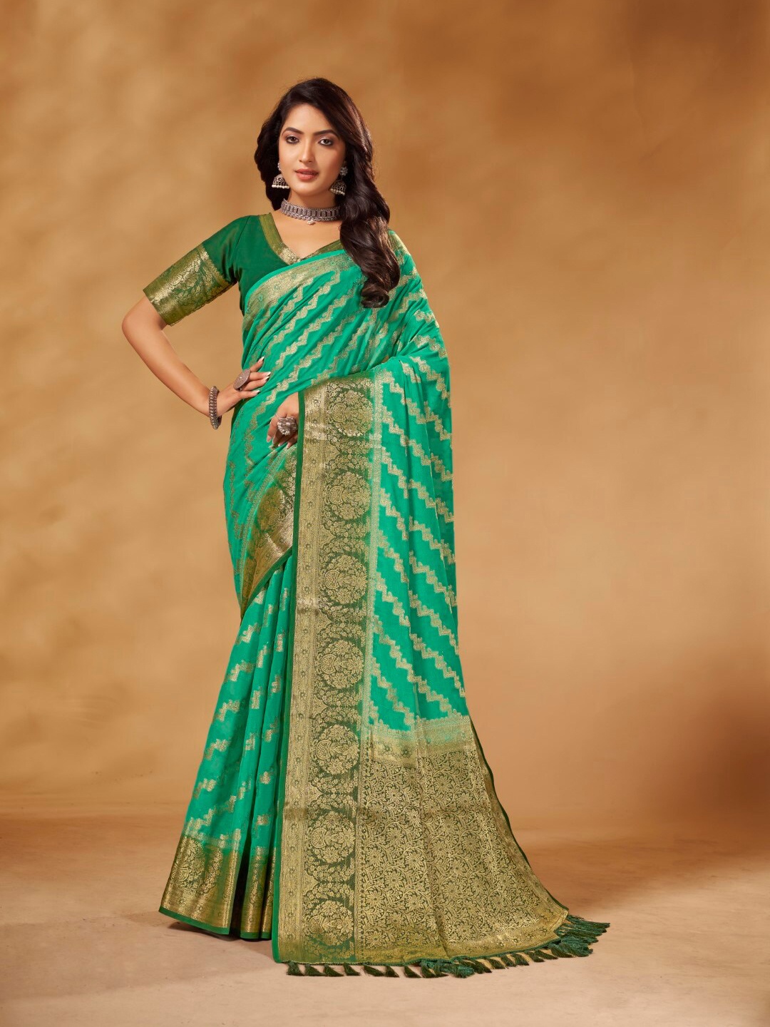 

V3 FASHION STUDIO Woven Design Zari Pure Georgette Banarasi Saree, Turquoise blue