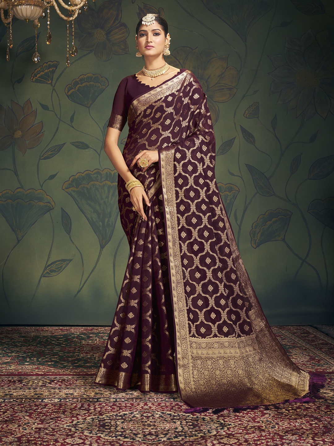 

V3 FASHION STUDIO Ethnic Motifs Zari Pure Georgette Banarasi Saree, Purple