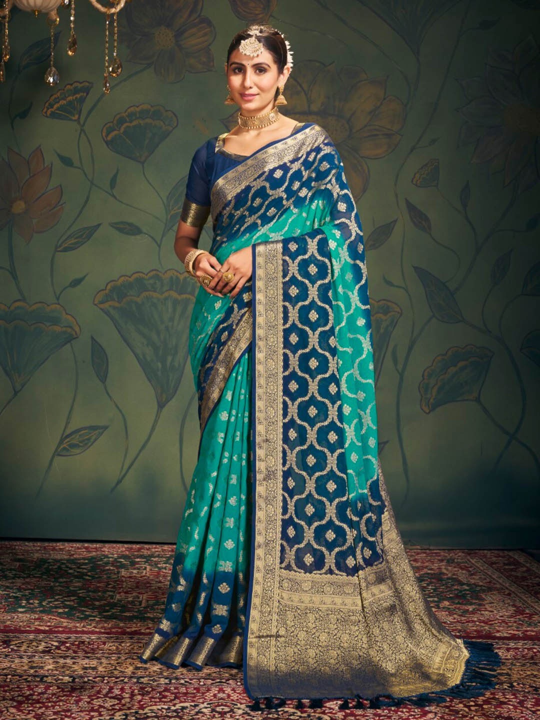 

V3 FASHION STUDIO Ethnic Motifs Zari Pure Georgette Banarasi Saree, Blue