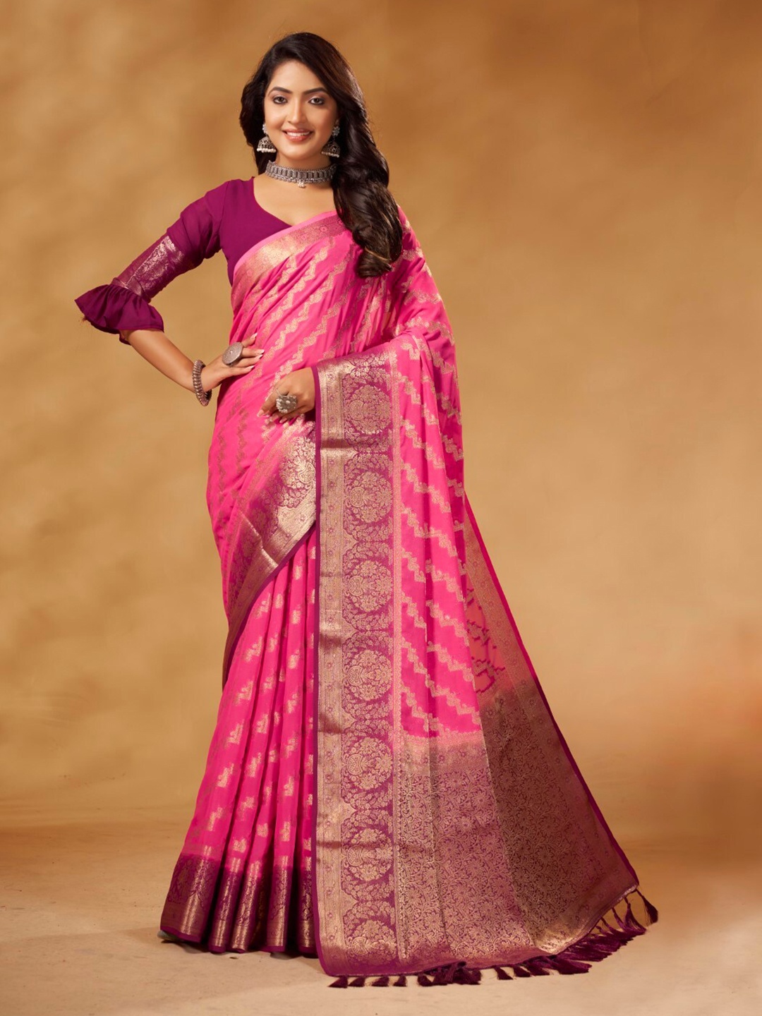 

V3 FASHION STUDIO Leheriya Zari Pure Georgette Banarasi Saree, Pink