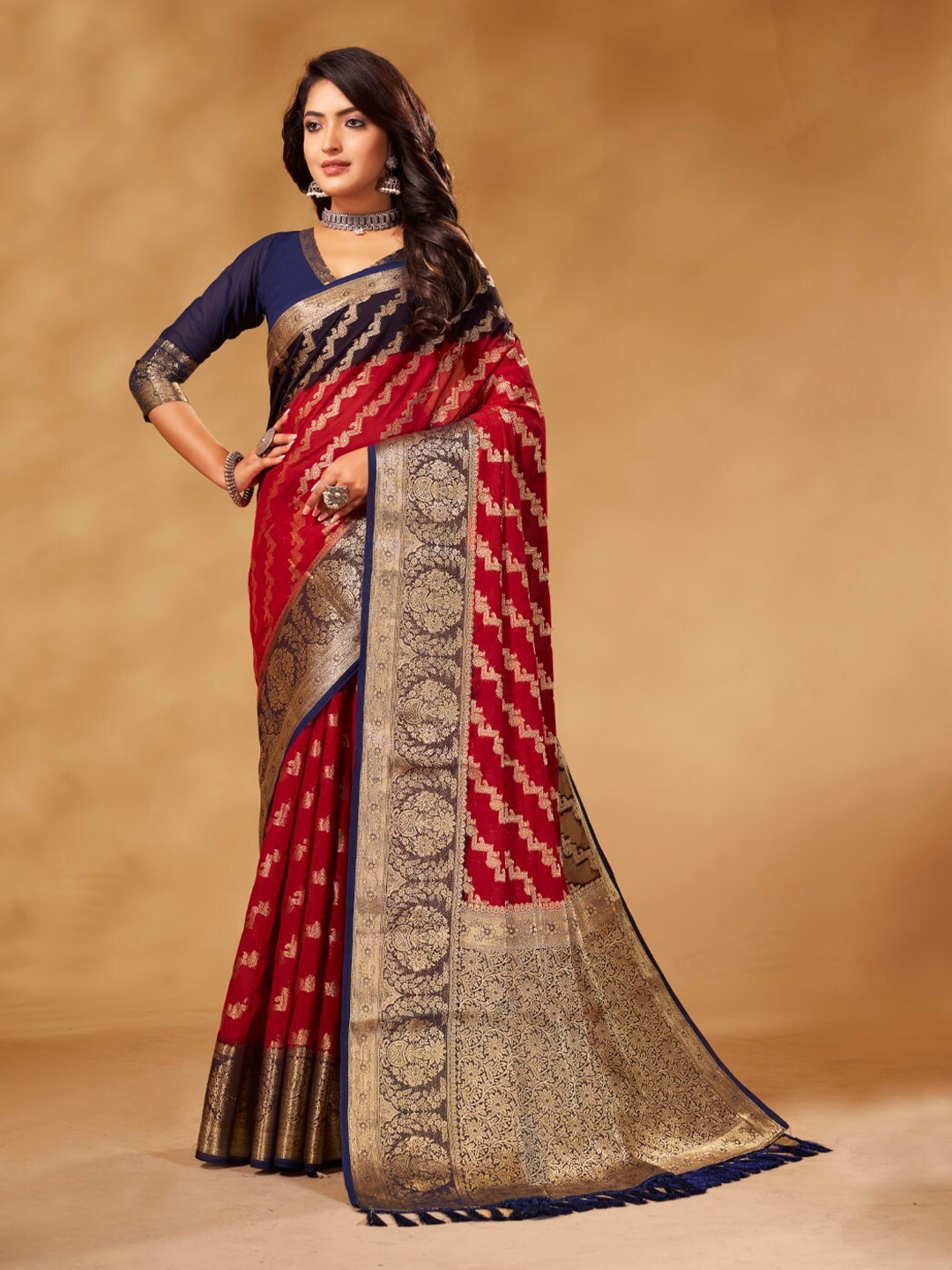 

V3 FASHION STUDIO Leheriya Zari Pure Georgette Banarasi Saree, Maroon