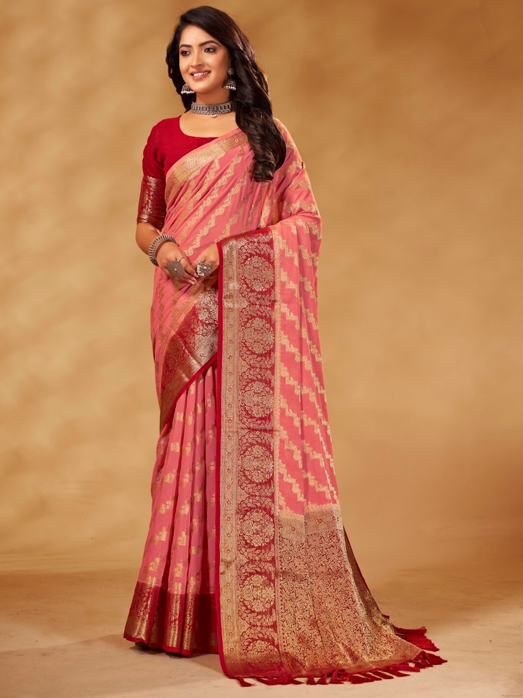 

V3 FASHION STUDIO Woven Design Zari Pure Georgette Banarasi Saree, Peach