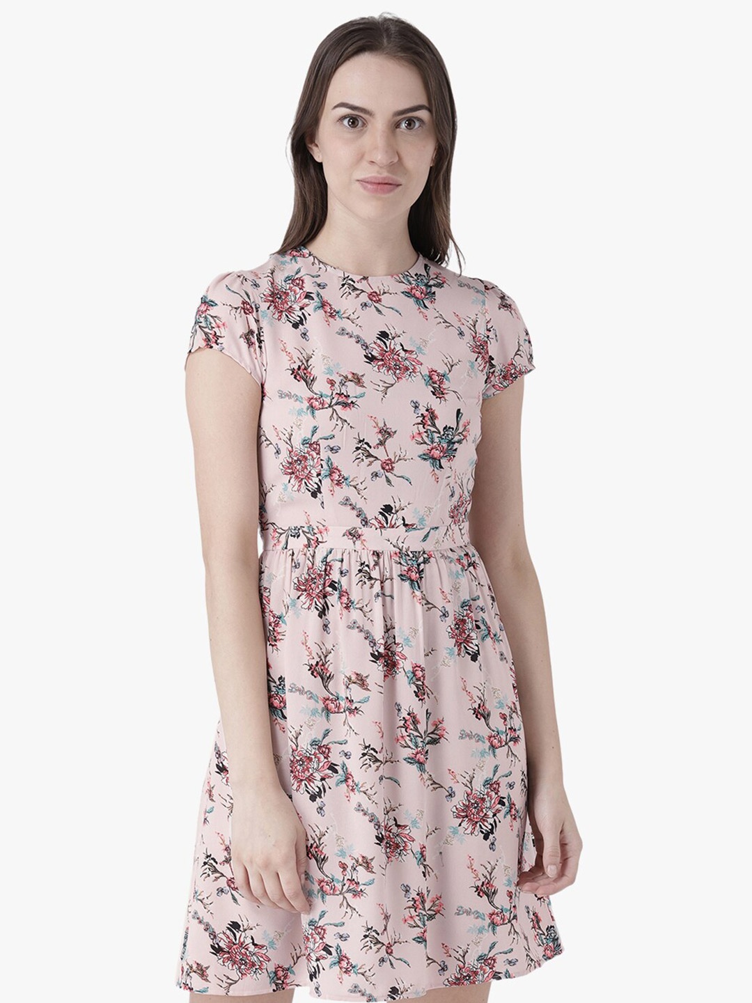 

DODO & MOA Floral Printed Round Neck Cap Sleeves Fit & Flare Dress, Pink