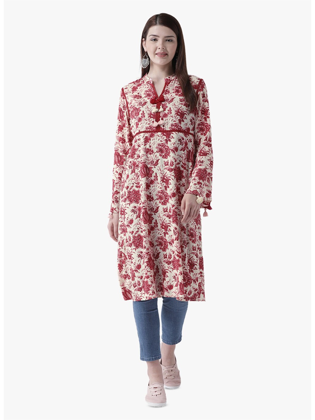

DODO & MOA Floral Printed Mandarin Collar Long Flared sleeves Thread Work Kurta, Red