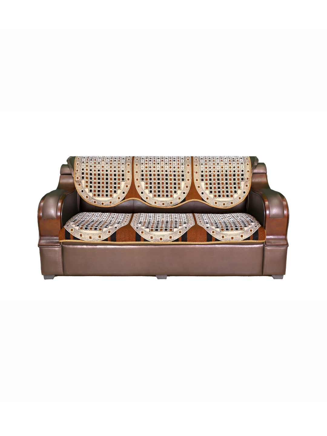 

AZOTICA Mustard & Cream Coloured 6 Pieces Checked 5 Seater Cotton Sofa Covers