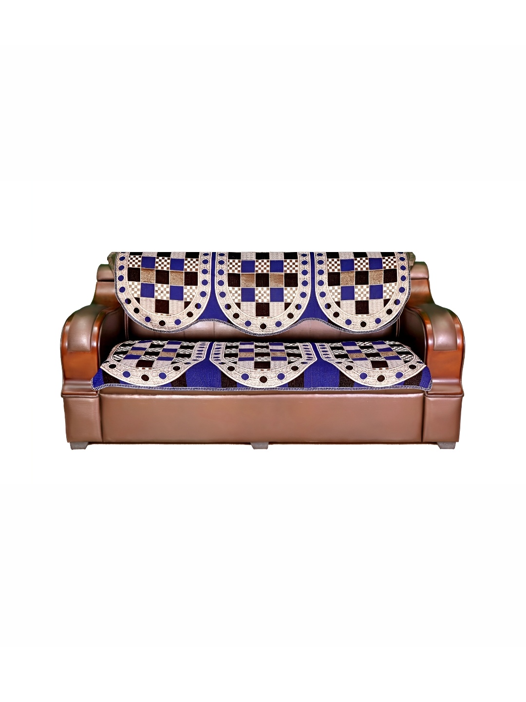 

AZOTICA Blue & Black 6 Pieces Geometric 5 Seater Cotton Sofa Covers