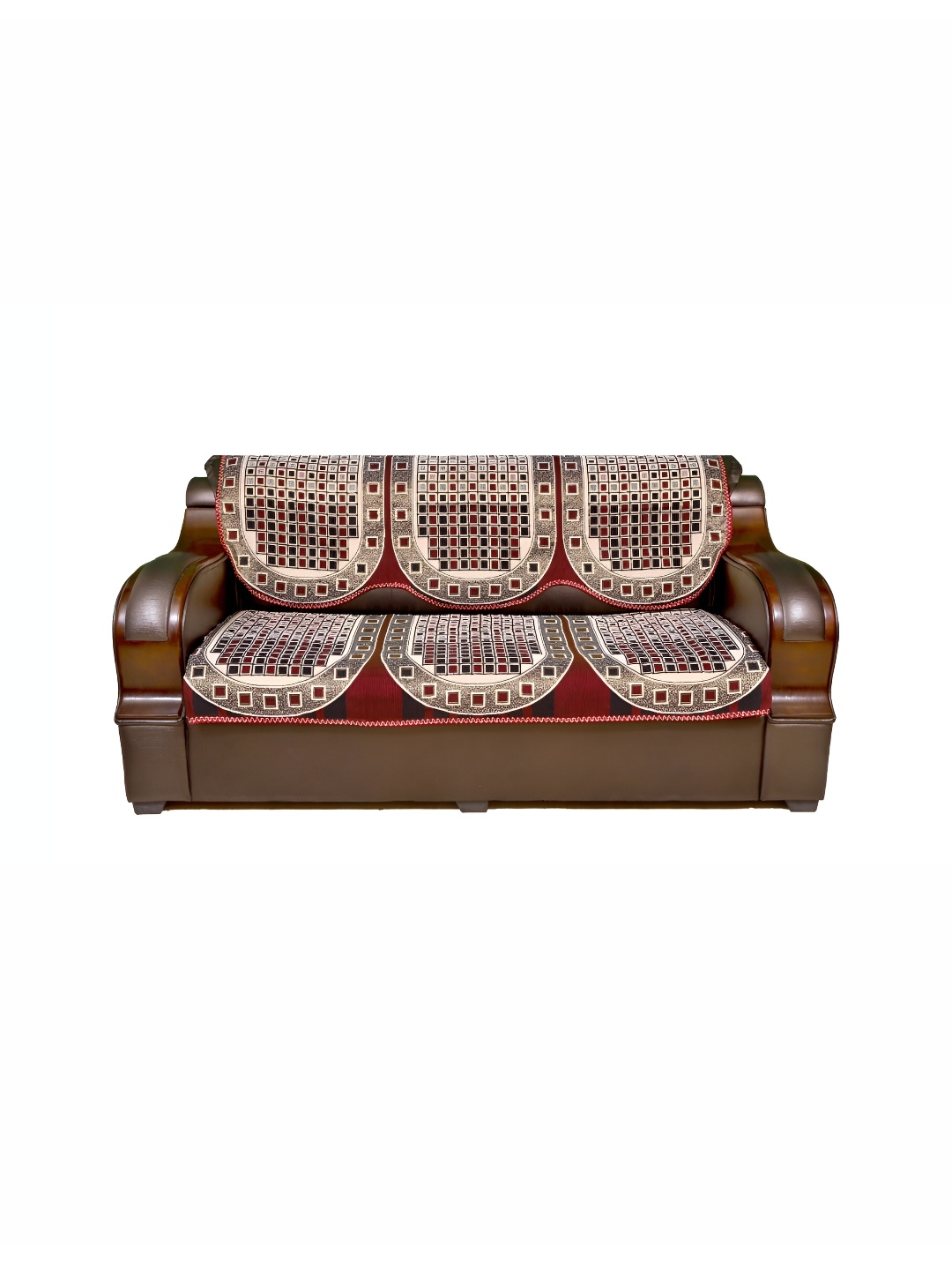 

AZOTICA Maroon & Cream Coloured 6 Pieces Geometric 5 Seater Cotton Sofa Covers