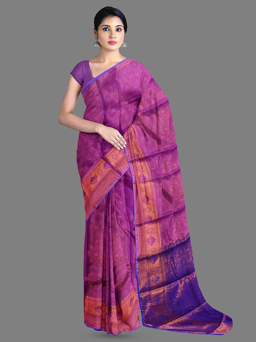 

The Chennai Silks Ethnic Motifs Woven Design Zari Kanjeevaram Saree, Violet