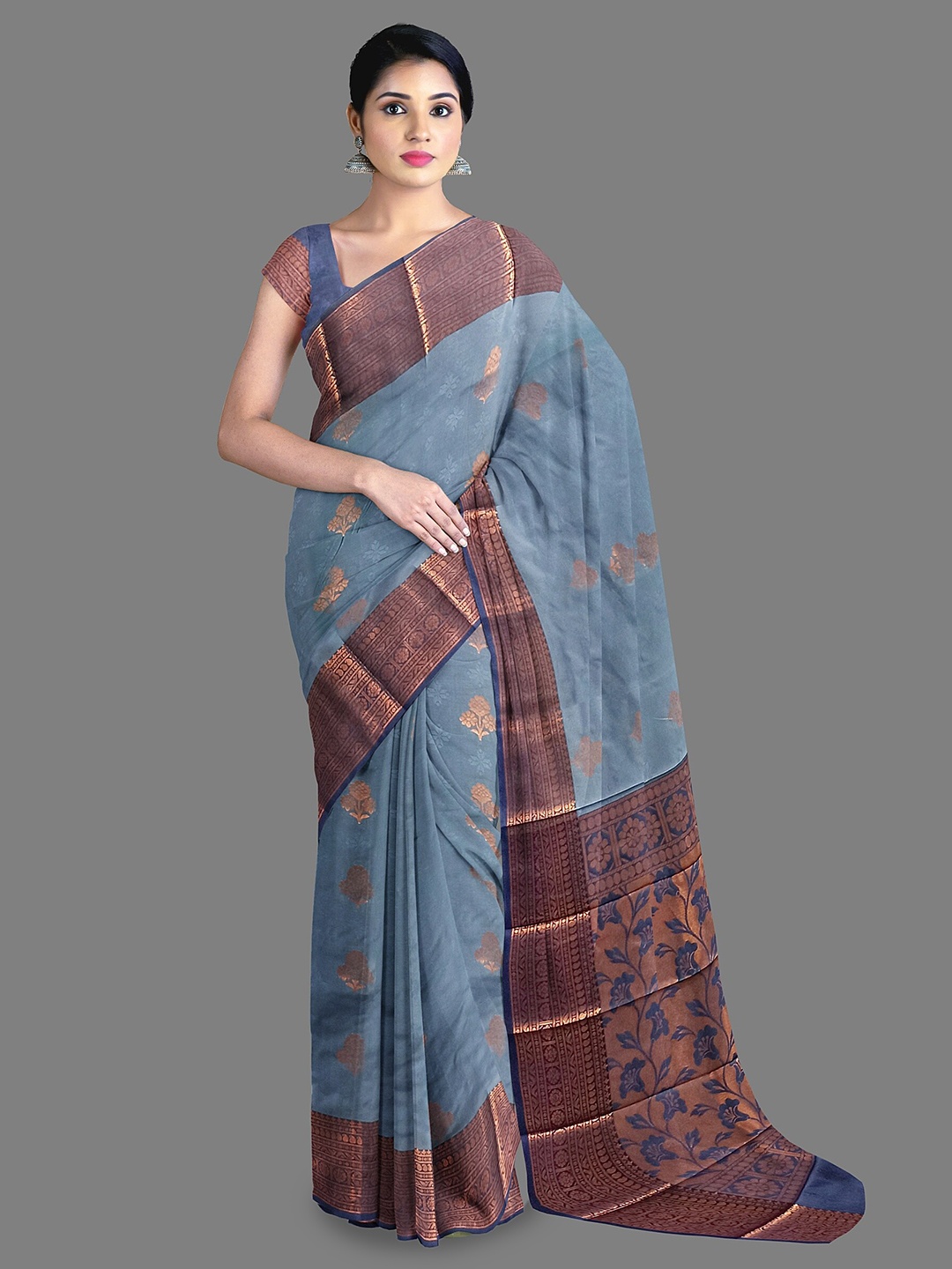 

The Chennai Silks Floral Woven Design Zari Kanjeevaram Saree, Grey