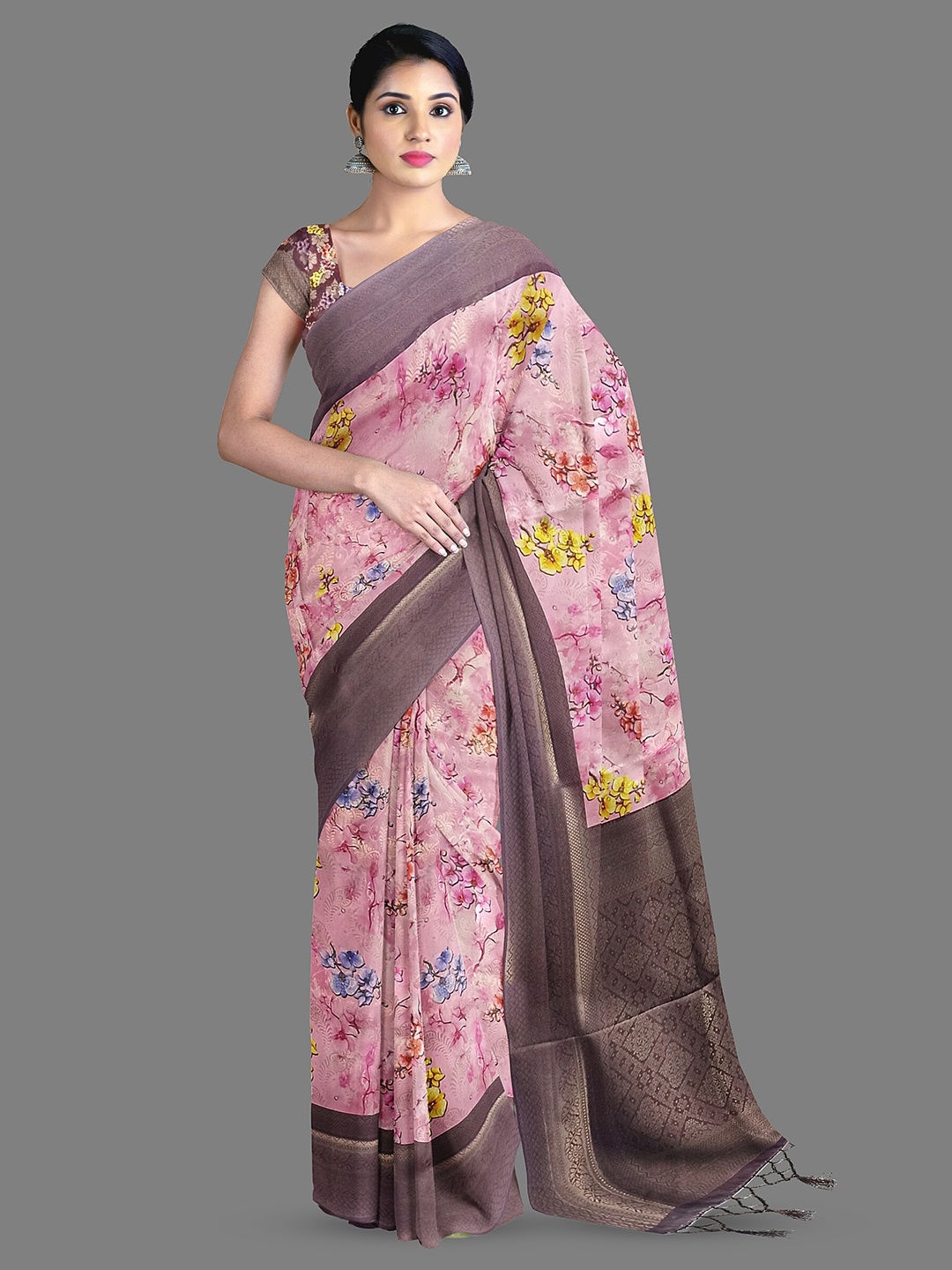 

The Chennai Silks Floral Woven Design Zari Kanjeevaram Saree, Pink