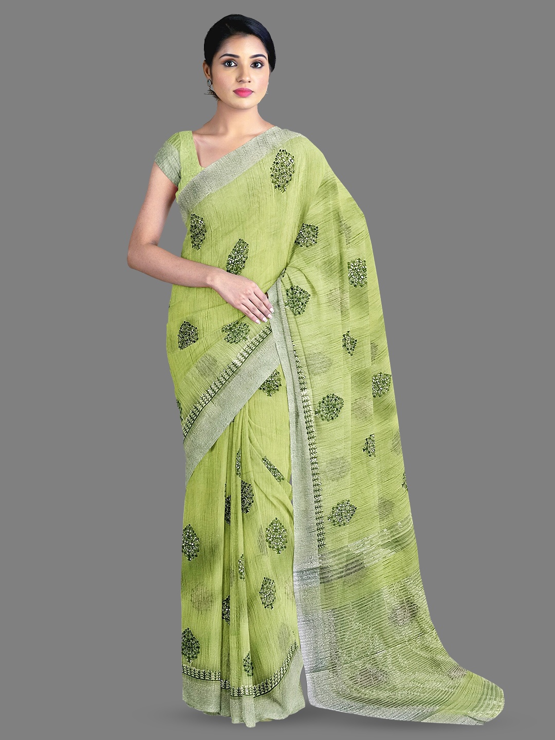 

The Chennai Silks Ethnic Motifs Zari Embroidered Chanderi Saree, Green