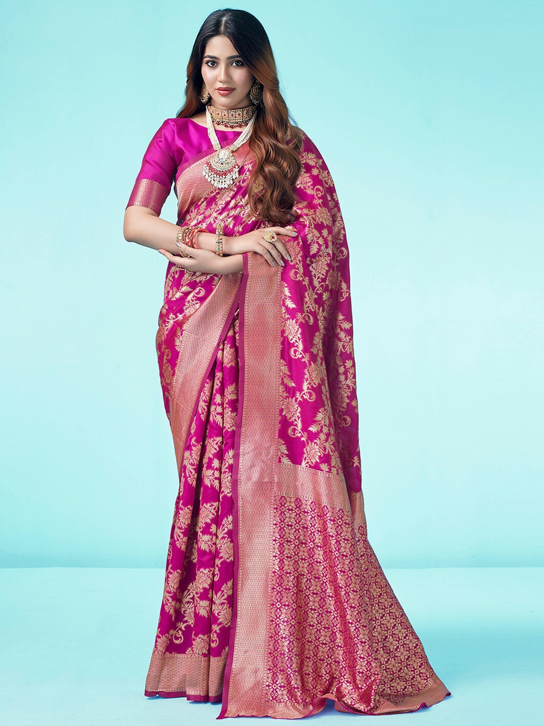 

KALINI Ethnic Motifs Woven Design Zari Banarasi Saree, Pink