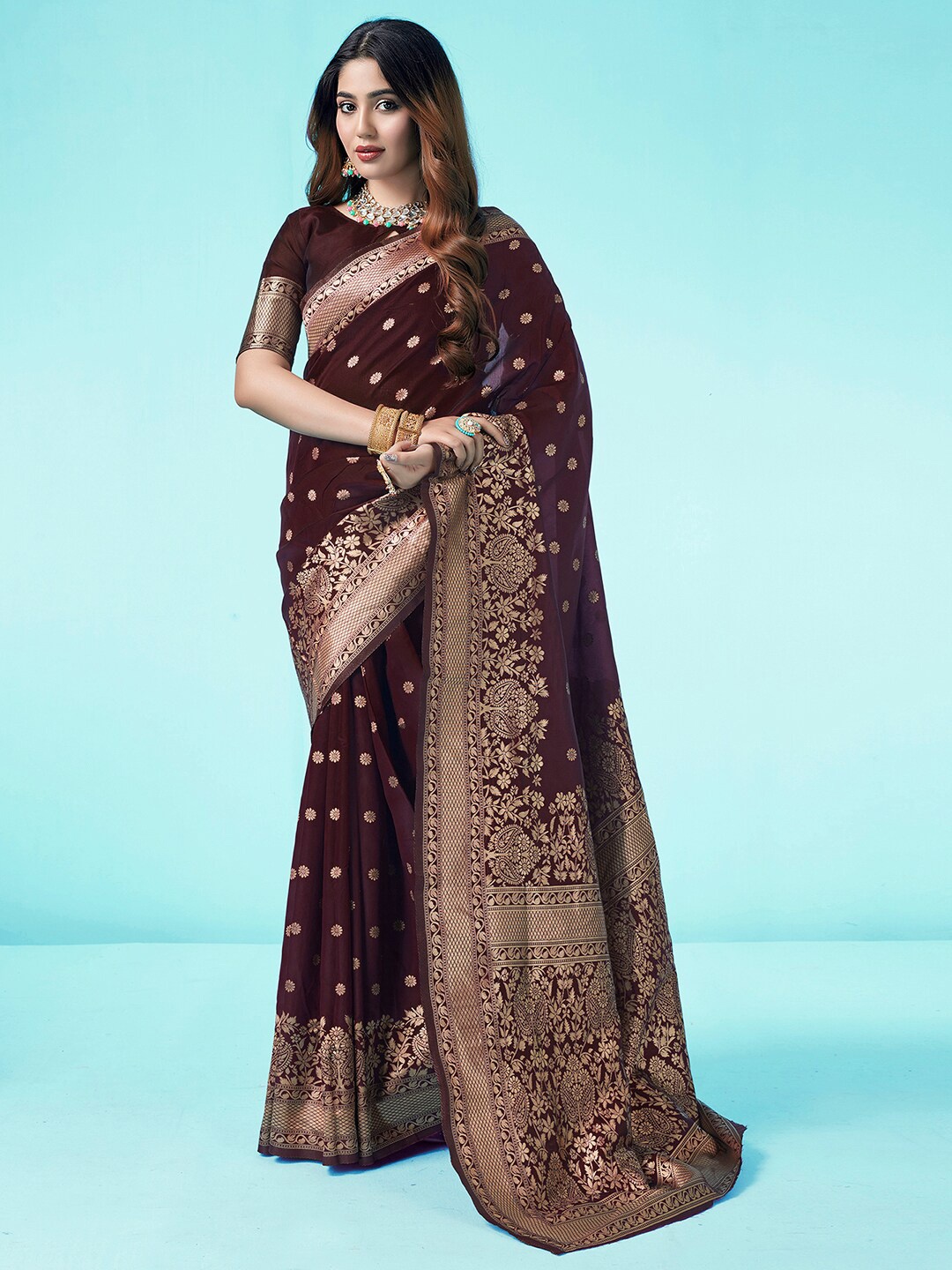 

KALINI Ethnic Woven Design Zari Art Silk Banarasi Saree, Brown