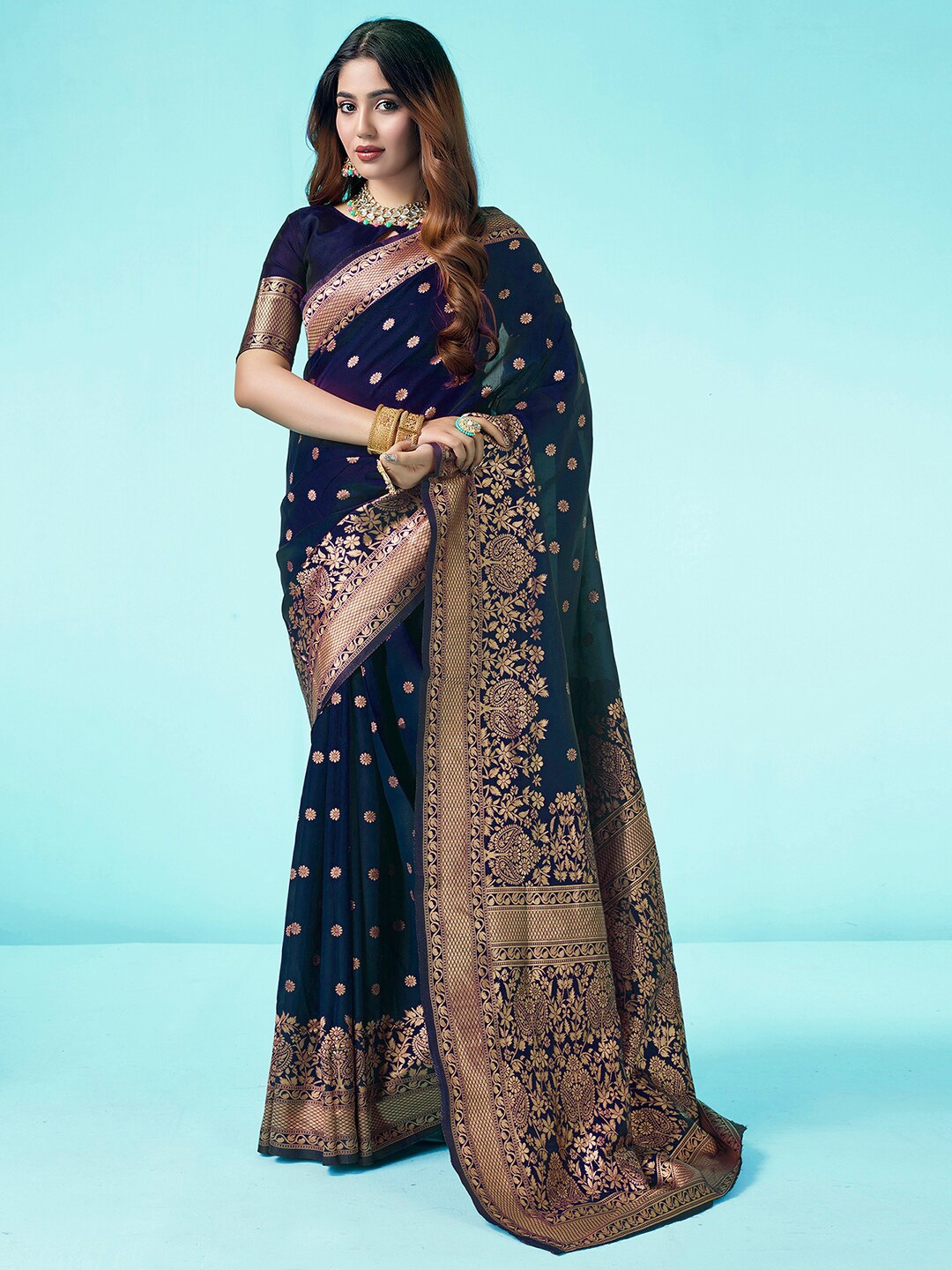 

KALINI Floral Woven Design Banarasi Zari Saree, Blue