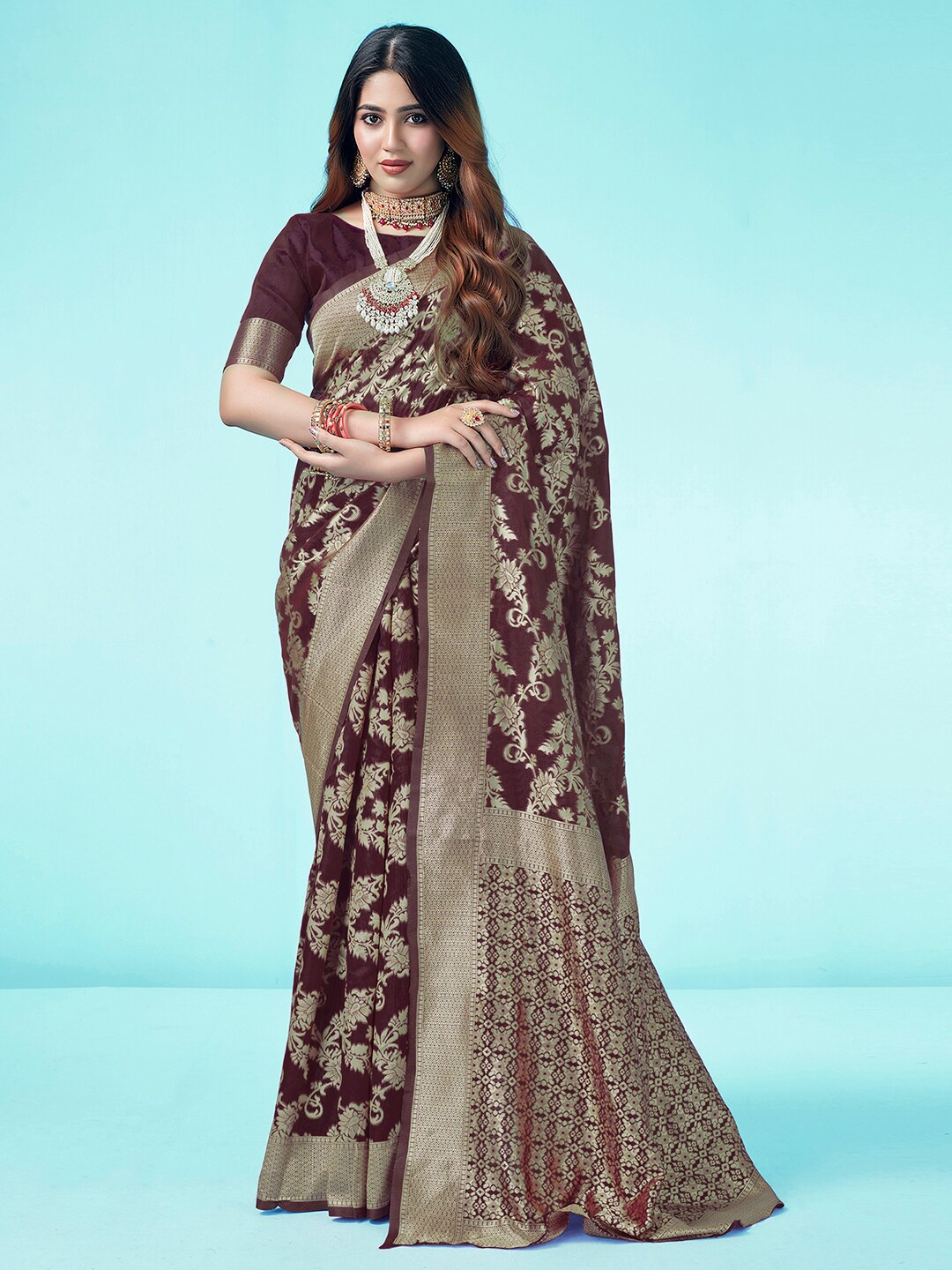 

KALINI Ethnic Motifs Woven Design Zari Banarasi Saree, Brown