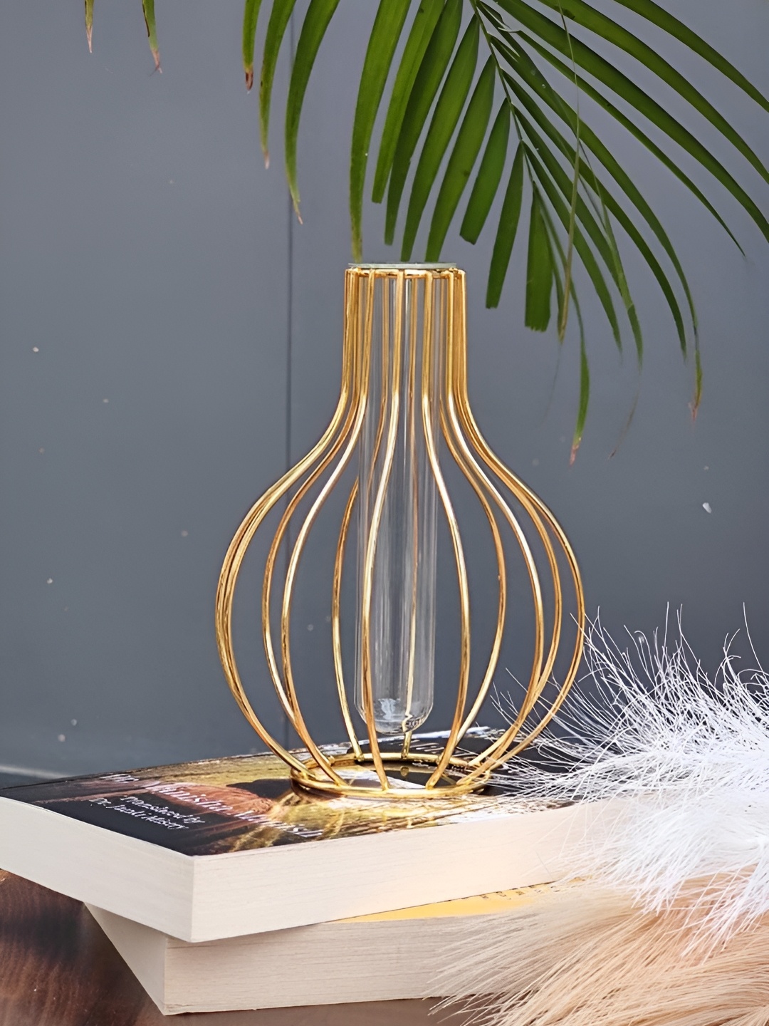 

Satyam Kraft Gold Toned & Transparent Metal Vase With Tube
