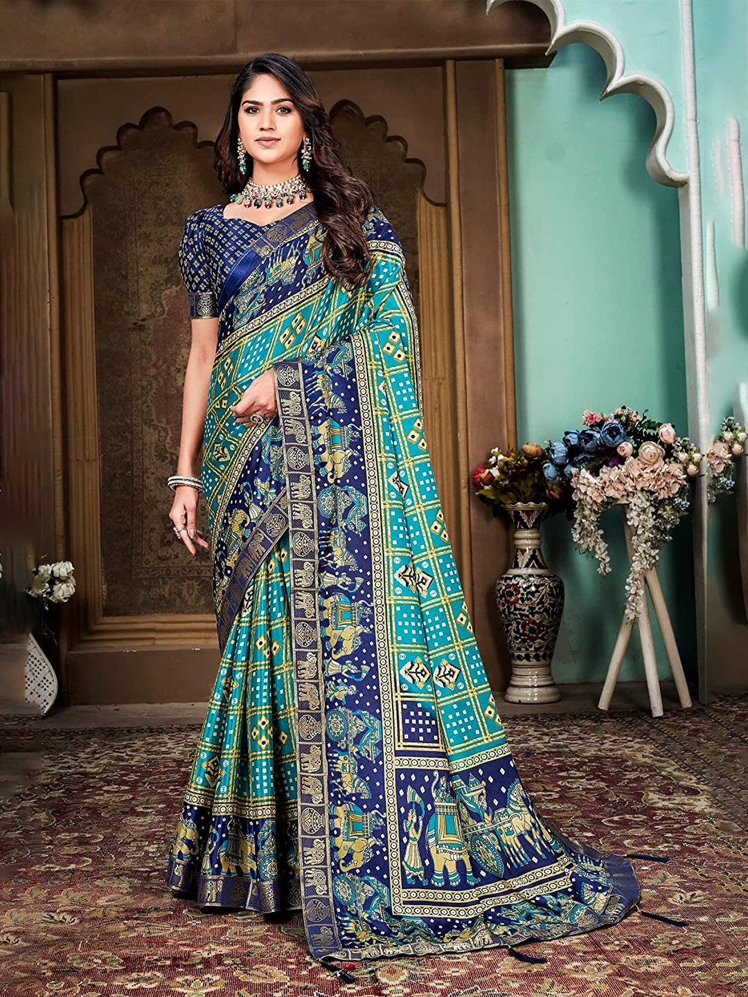 

Grubstaker Bandhani Zari Paithani Saree, Blue