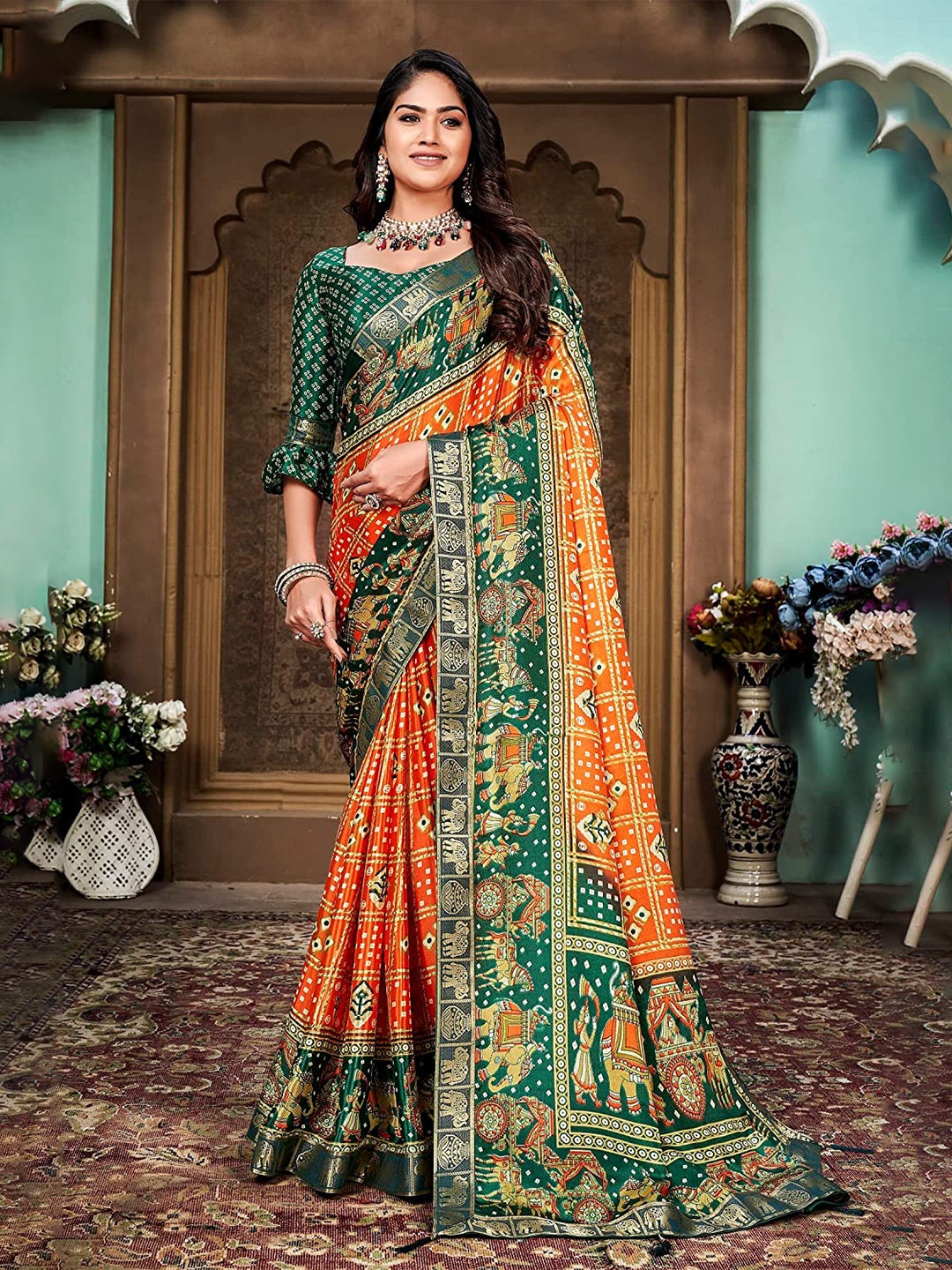 

Grubstaker Bandhani Printed Zari Paithani Saree, Orange