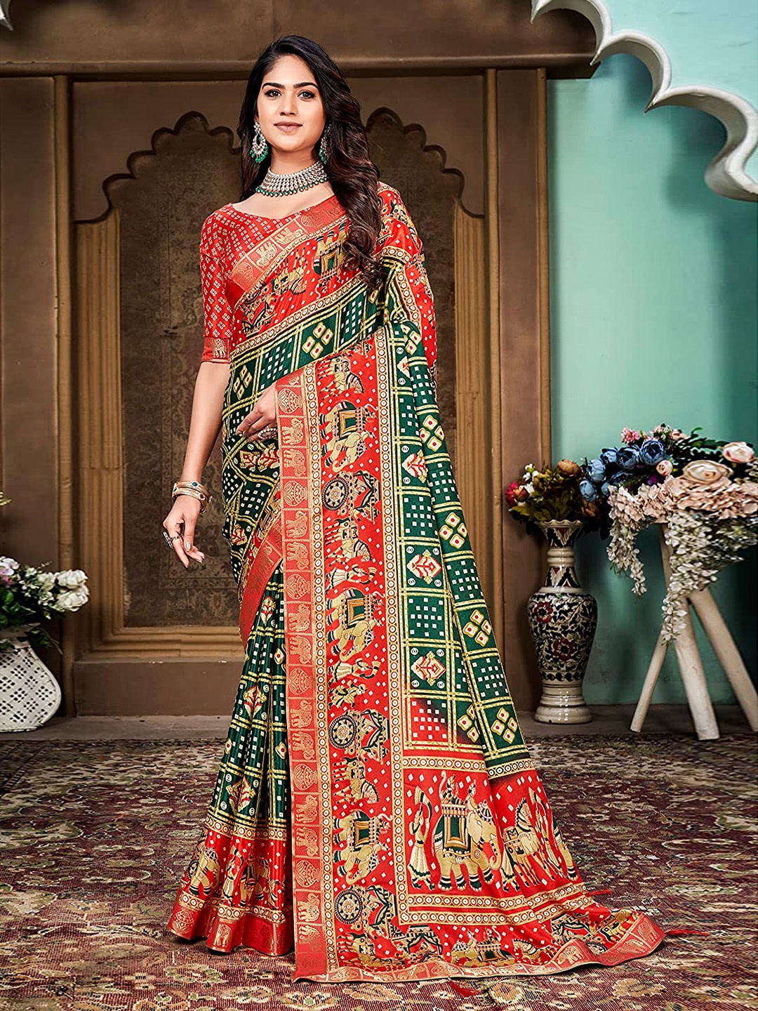 

Grubstaker Bandhani Zari Paithani Saree, Green