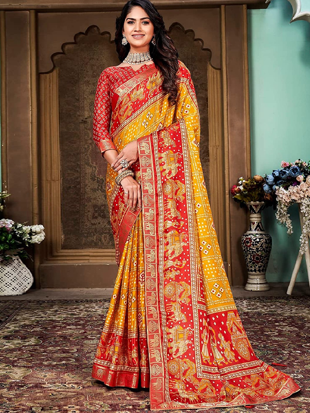 

Grubstaker Bandhani Zari Paithani Saree, Yellow