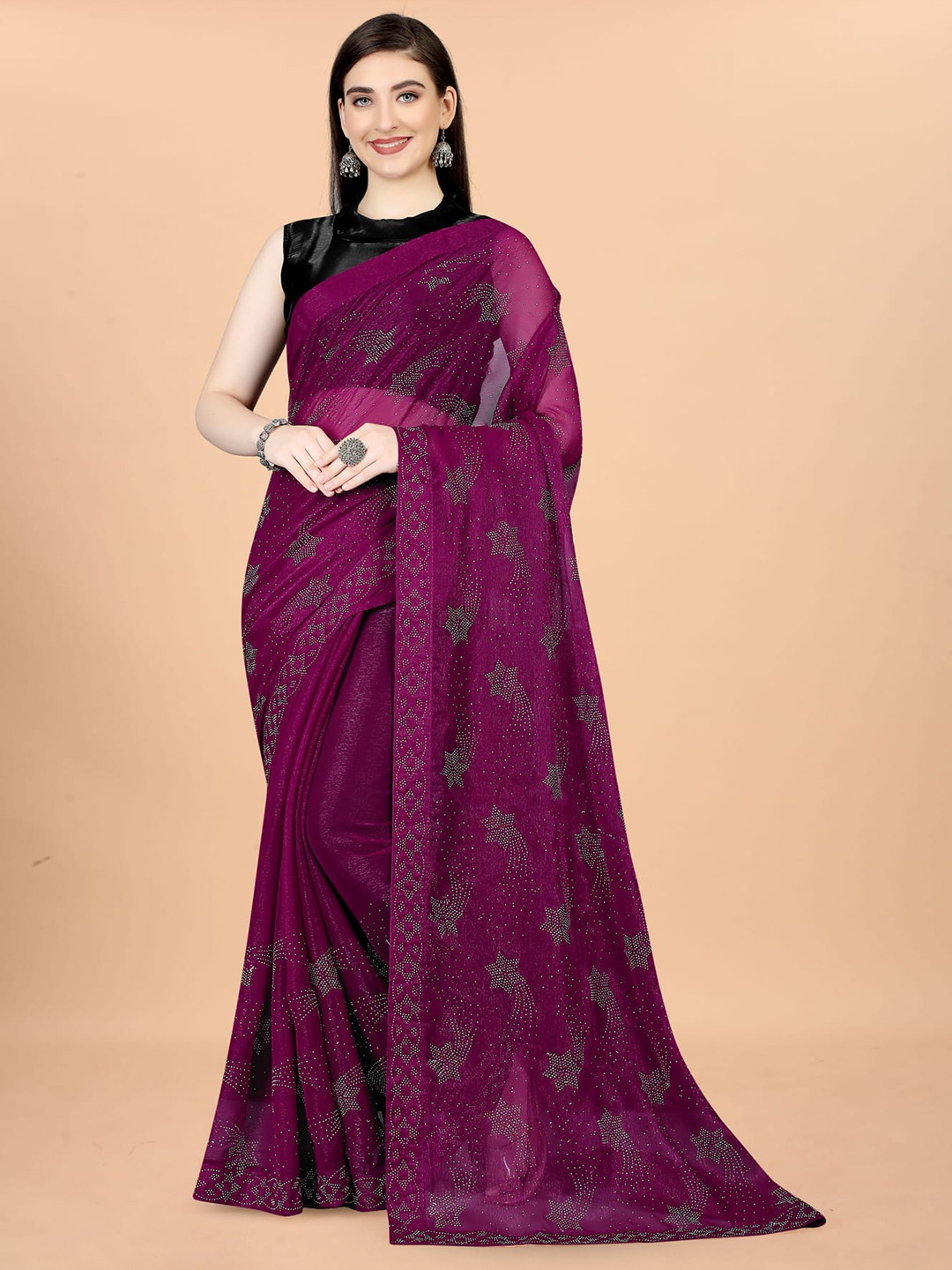 

Grubstaker Embellished Beads and Stones Saree, Purple