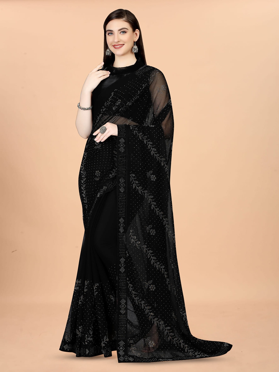 

Grubstaker Embellished Beads and Stones Saree, Black