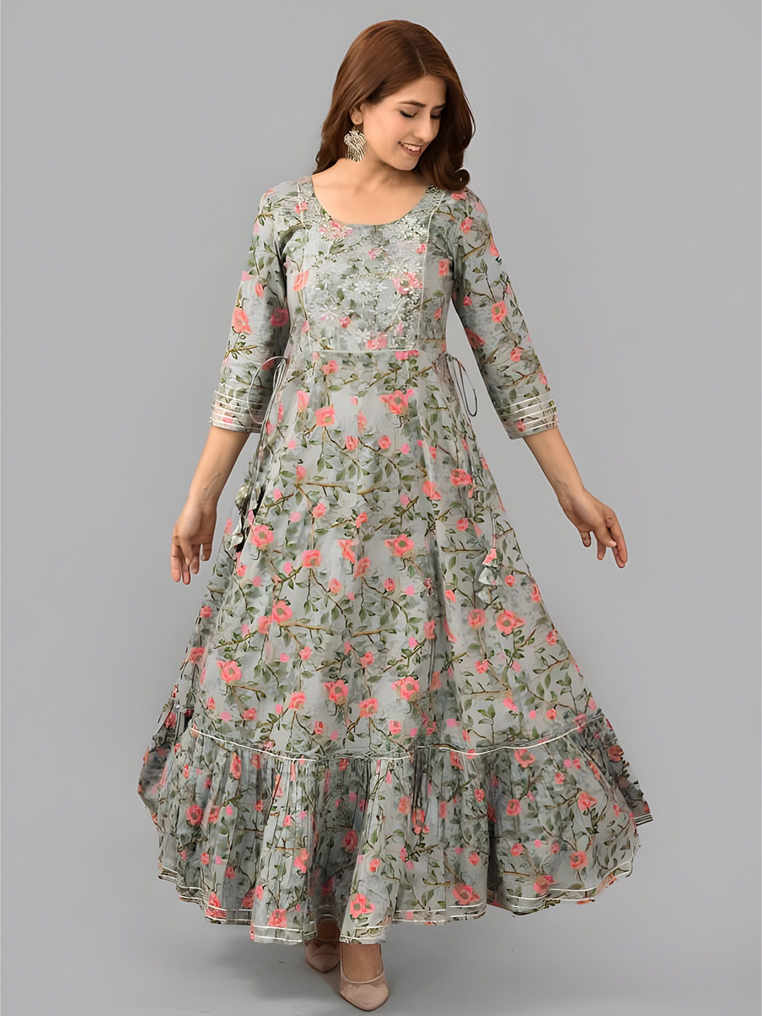 Subh LAXMI Floral Printed Scoop Neck Anarkali Kurta, Green