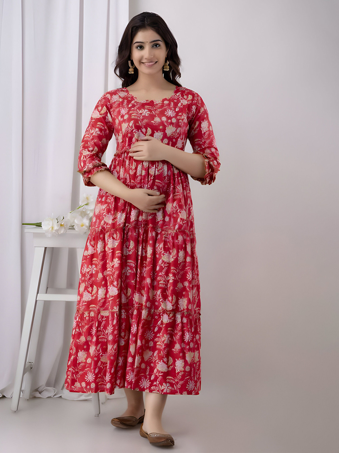 

Subh LAXMI Floral Printed Maternity Ethnic Dress, Red