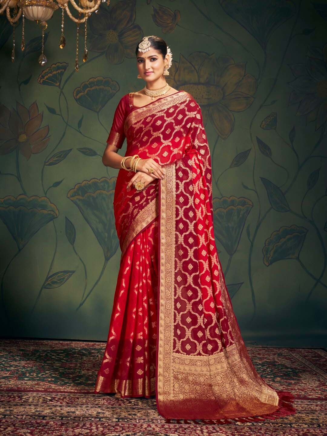 

DIVASTRI Ethnic Motifs Woven Design Zari Pure Georgette Banarasi Saree, Red