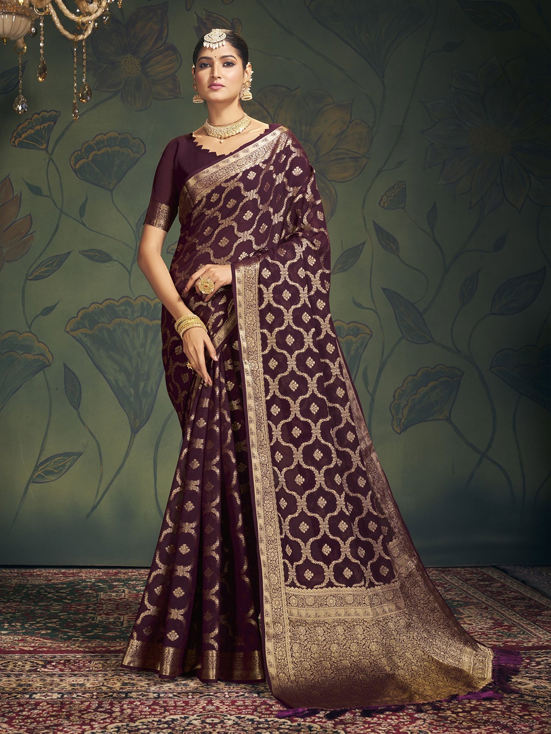 

DIVASTRI Ethnic Motifs Woven Design Zari Pure Georgette Banarasi Saree, Purple