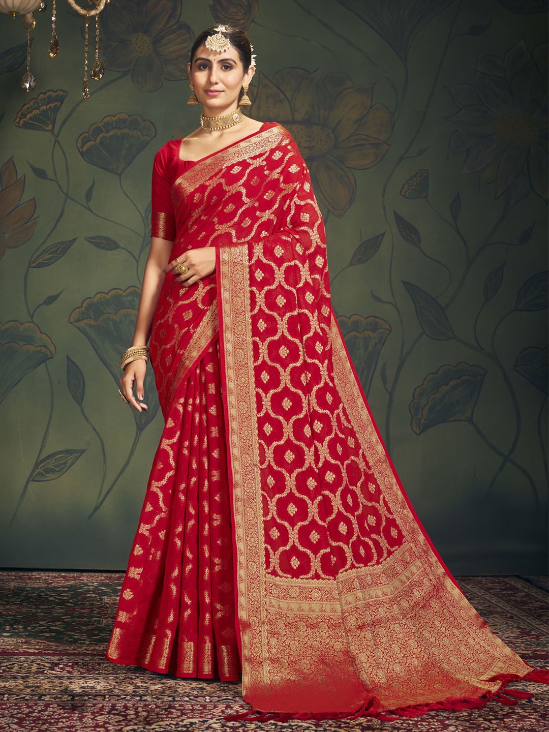 

DIVASTRI Ethnic Motifs Woven Design Zari Pure Georgette Banarasi Saree, Red