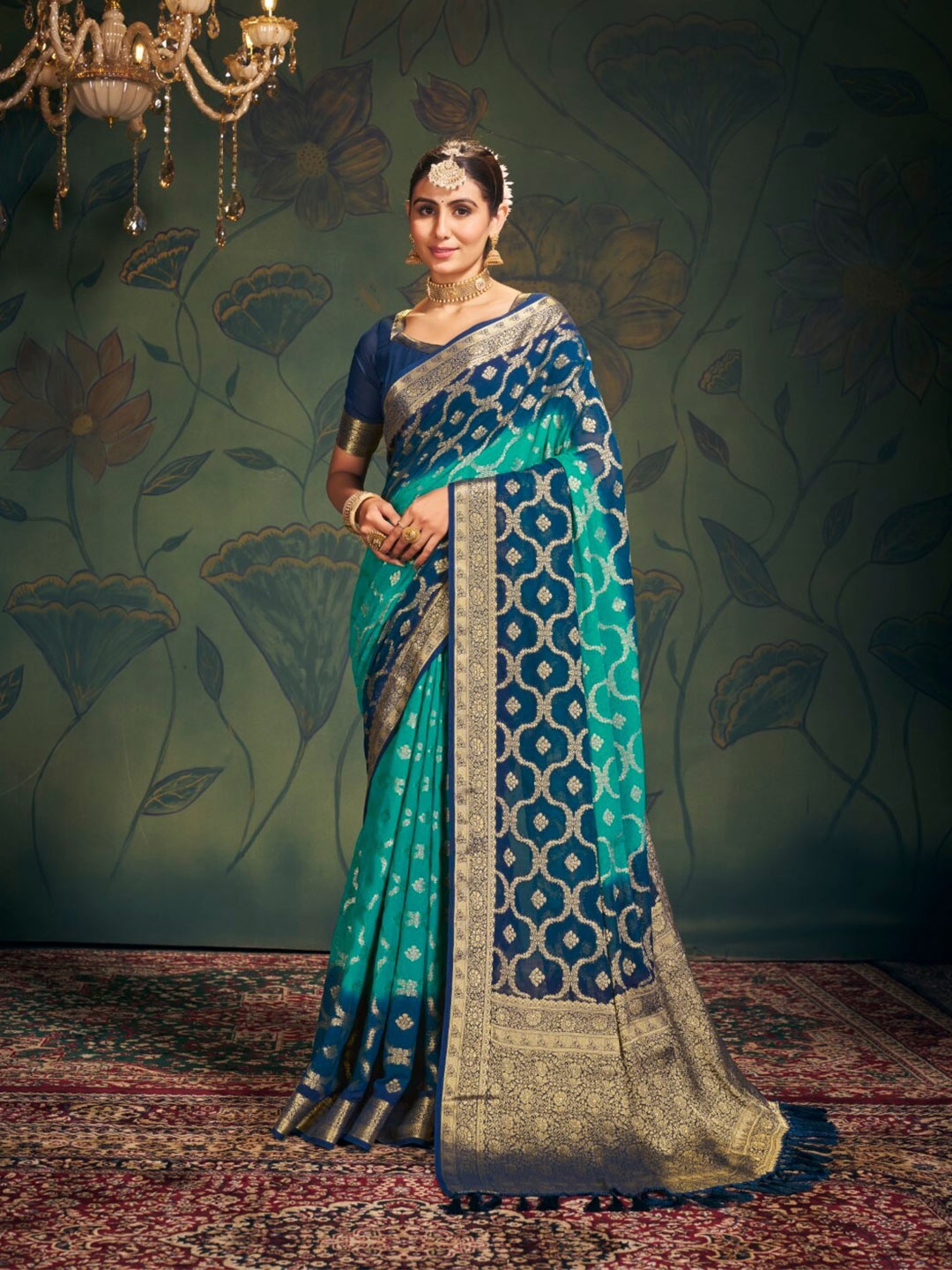 

DIVASTRI Ethnic Motifs Woven Design Zari Pure Georgette Banarasi Saree, Blue