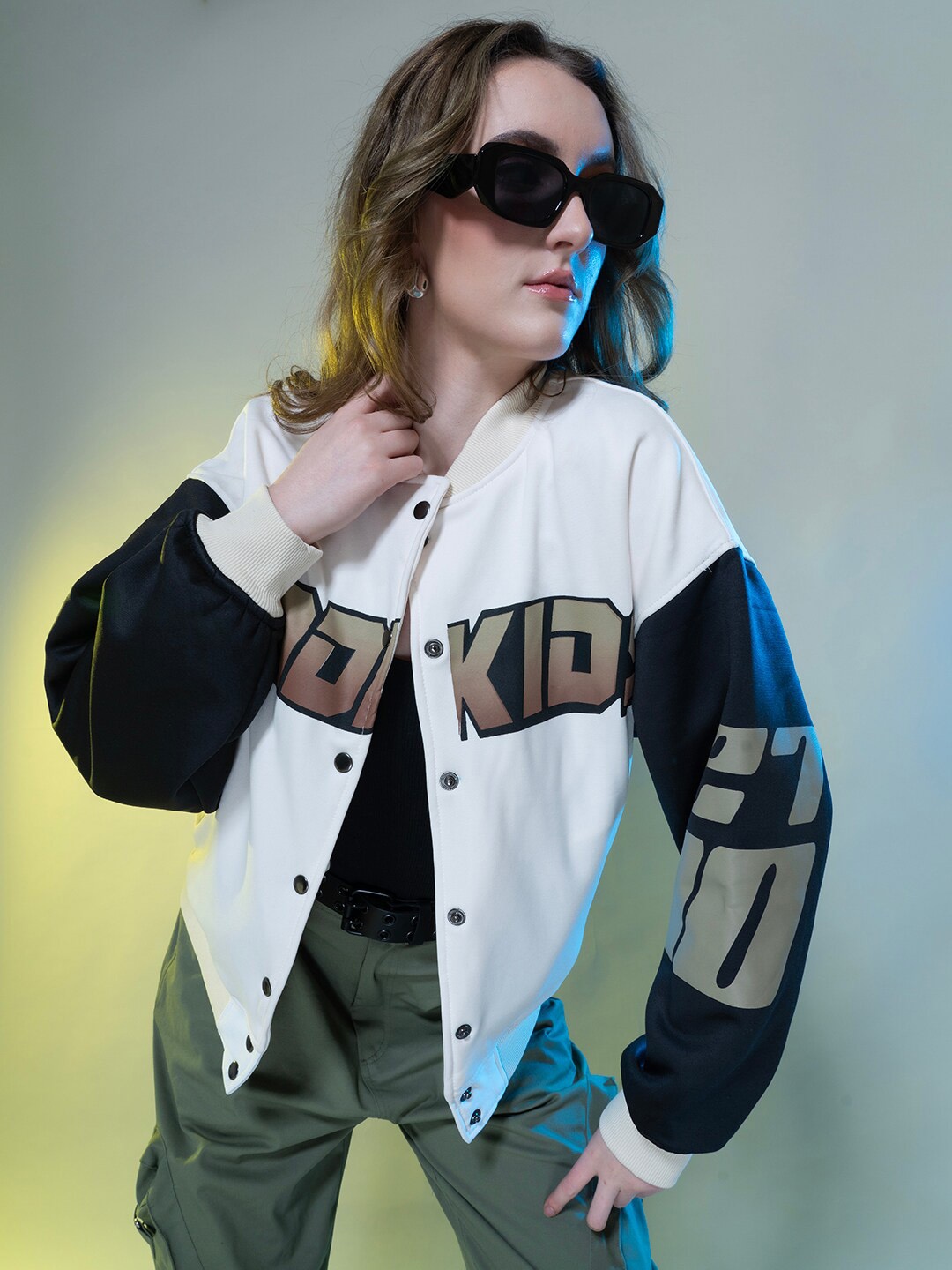 

Stylecast X Hersheinbox White & Black Colourblocked Fleece Longline Bomber Jacket