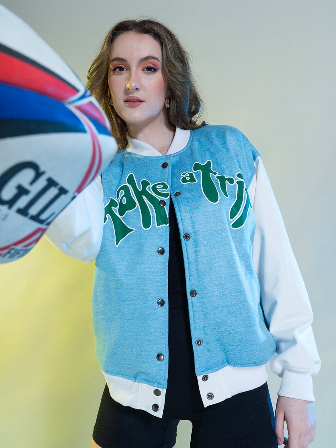 

Stylecast X Hersheinbox Typography Printed Stand Collar Fleece Bomber Jacket, Blue