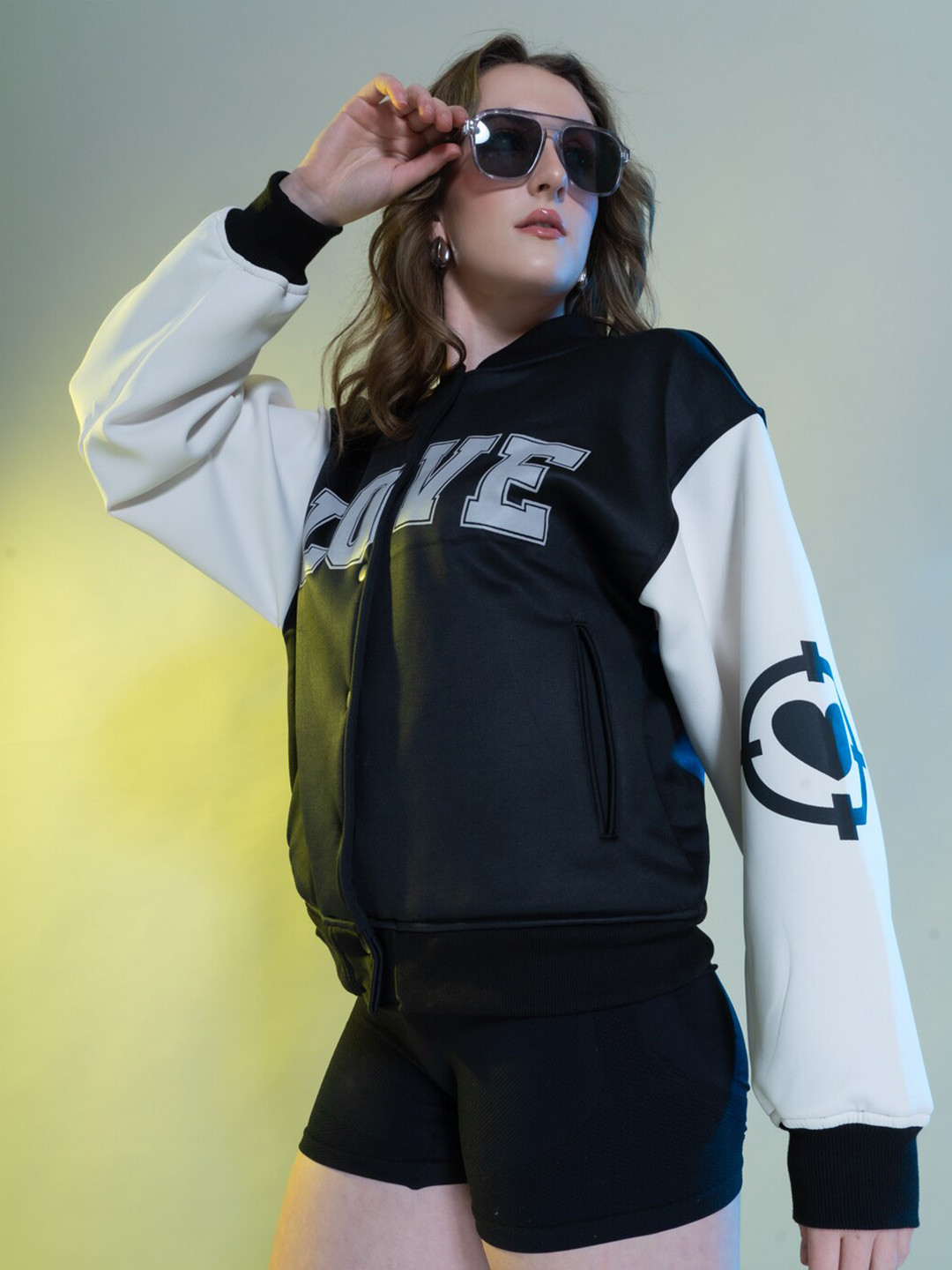 

Stylecast X Hersheinbox Typography Printed Stand Collar Fleece Bomber Jacket, Navy blue
