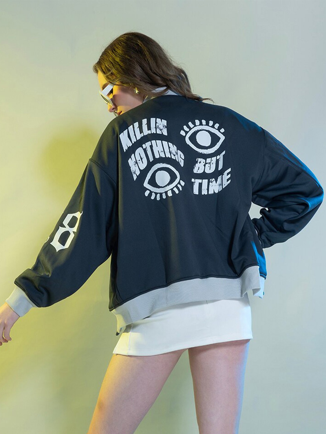 

Stylecast X Hersheinbox Typography Printed Stand Collar Fleece Bomber Jacket, Navy blue