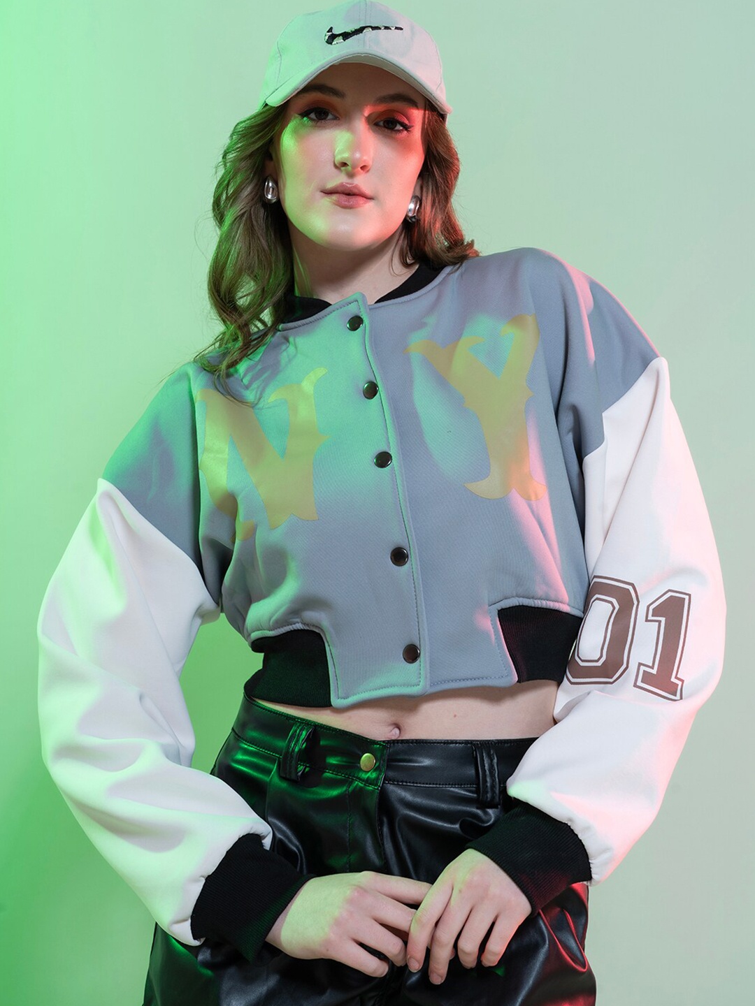 

Stylecast X Hersheinbox Grey Colourblocked Pure Cotton Crop Varsity Jacket