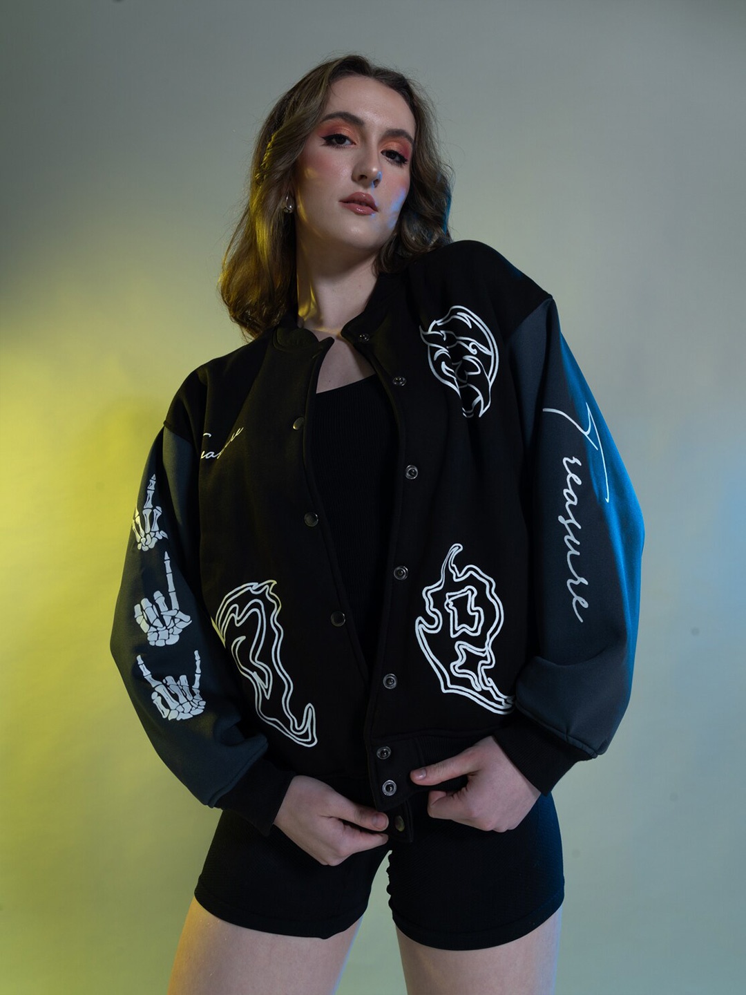 

Stylecast X Hersheinbox Graphic Printed Stand Collar Fleece Bomber Jacket, Black