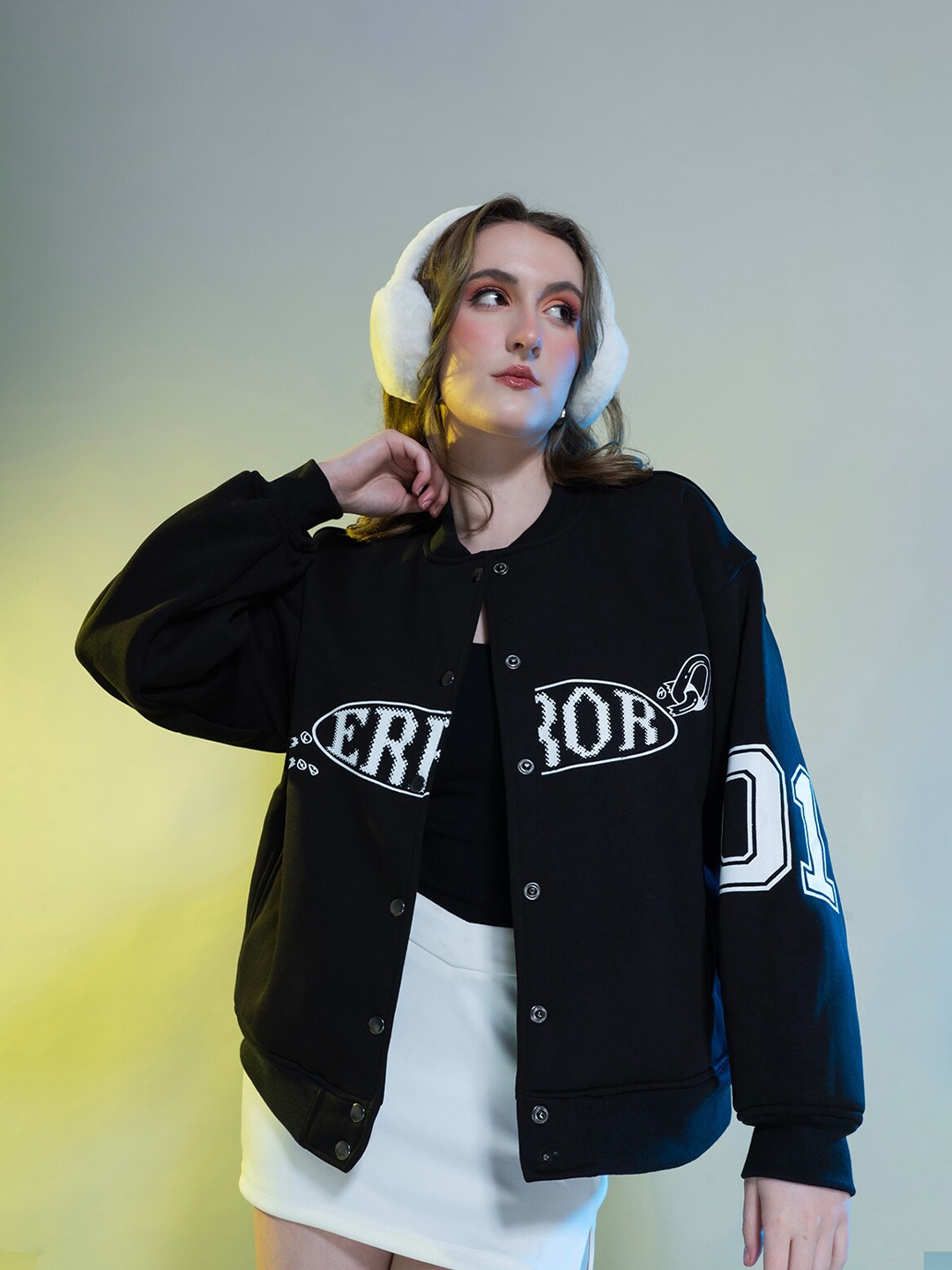 

Stylecast X Hersheinbox Typography Printed Stand Collar Fleece Bomber Jacket, Black
