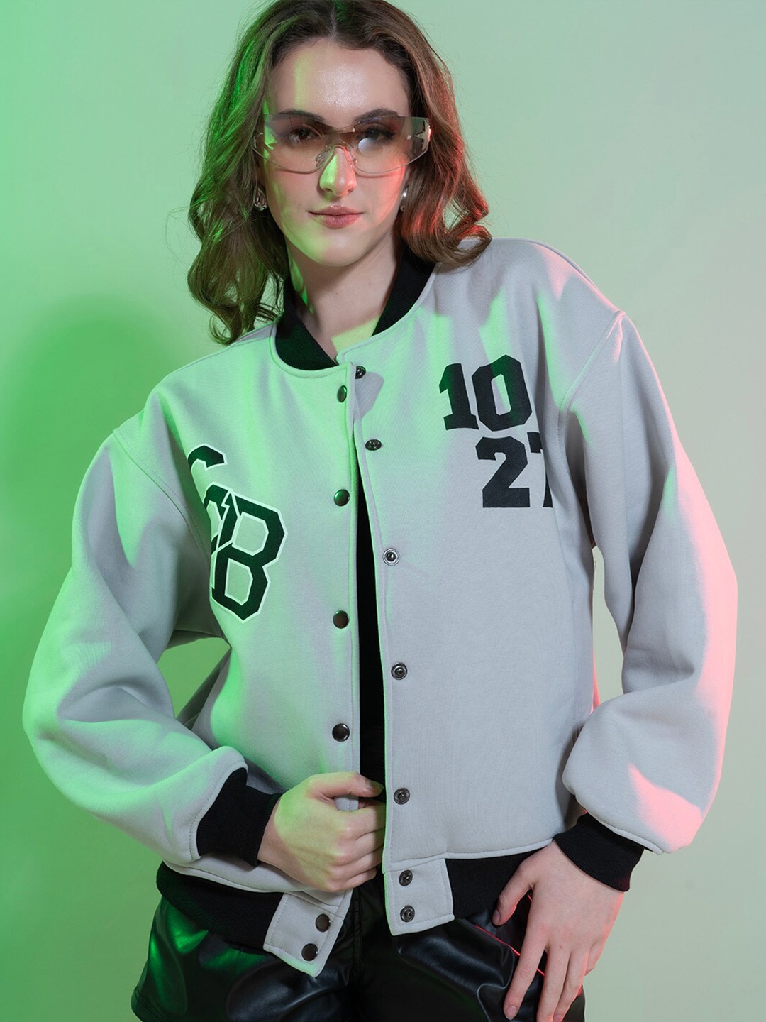 

Stylecast X Hersheinbox Typography Printed Stand Collar Fleece Bomber Jacket, Grey