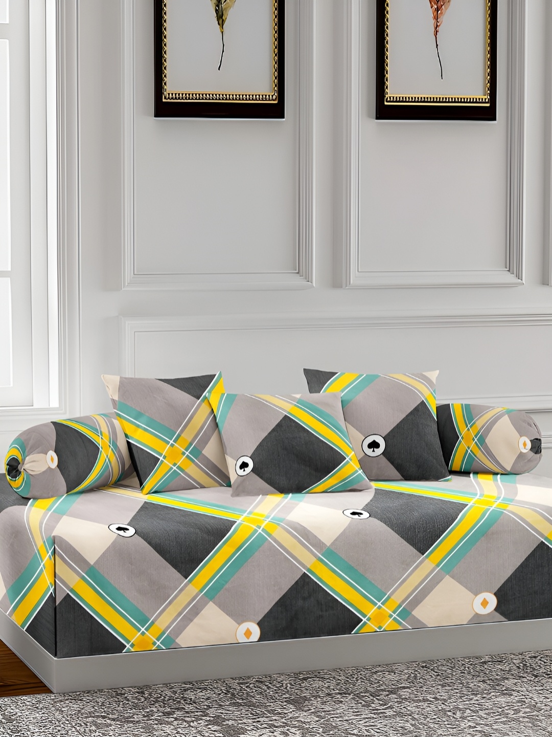 

Arrabi 6 Pcs Grey & Yellow Printed Diwan