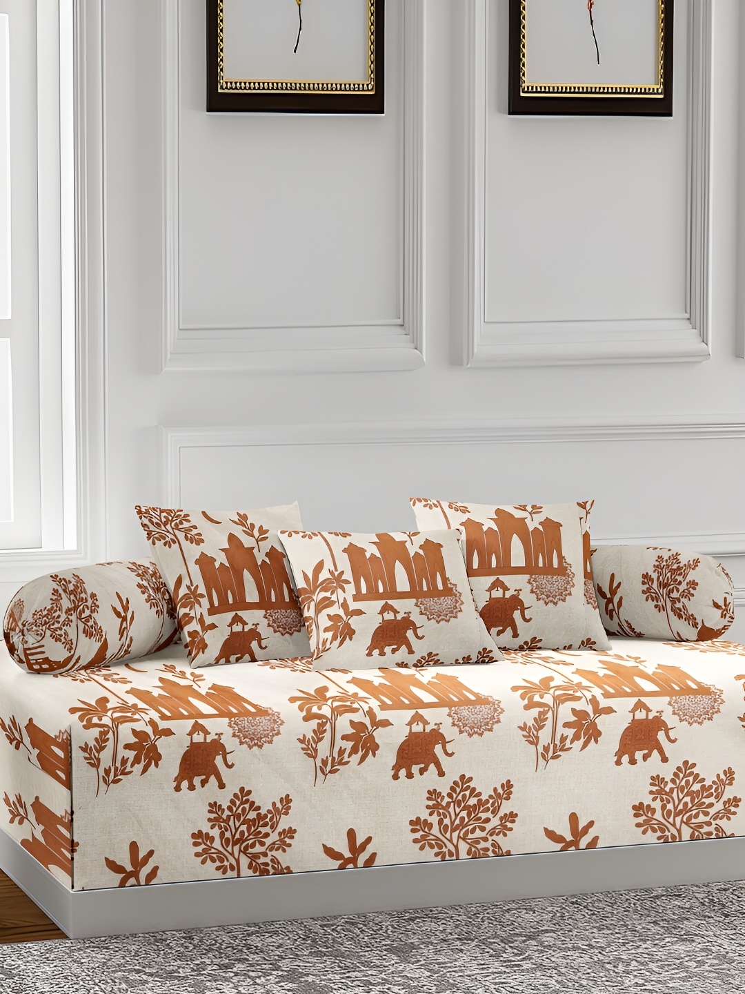 

Arrabi Beige & Brown 6 Pieces Floral Diwan Set