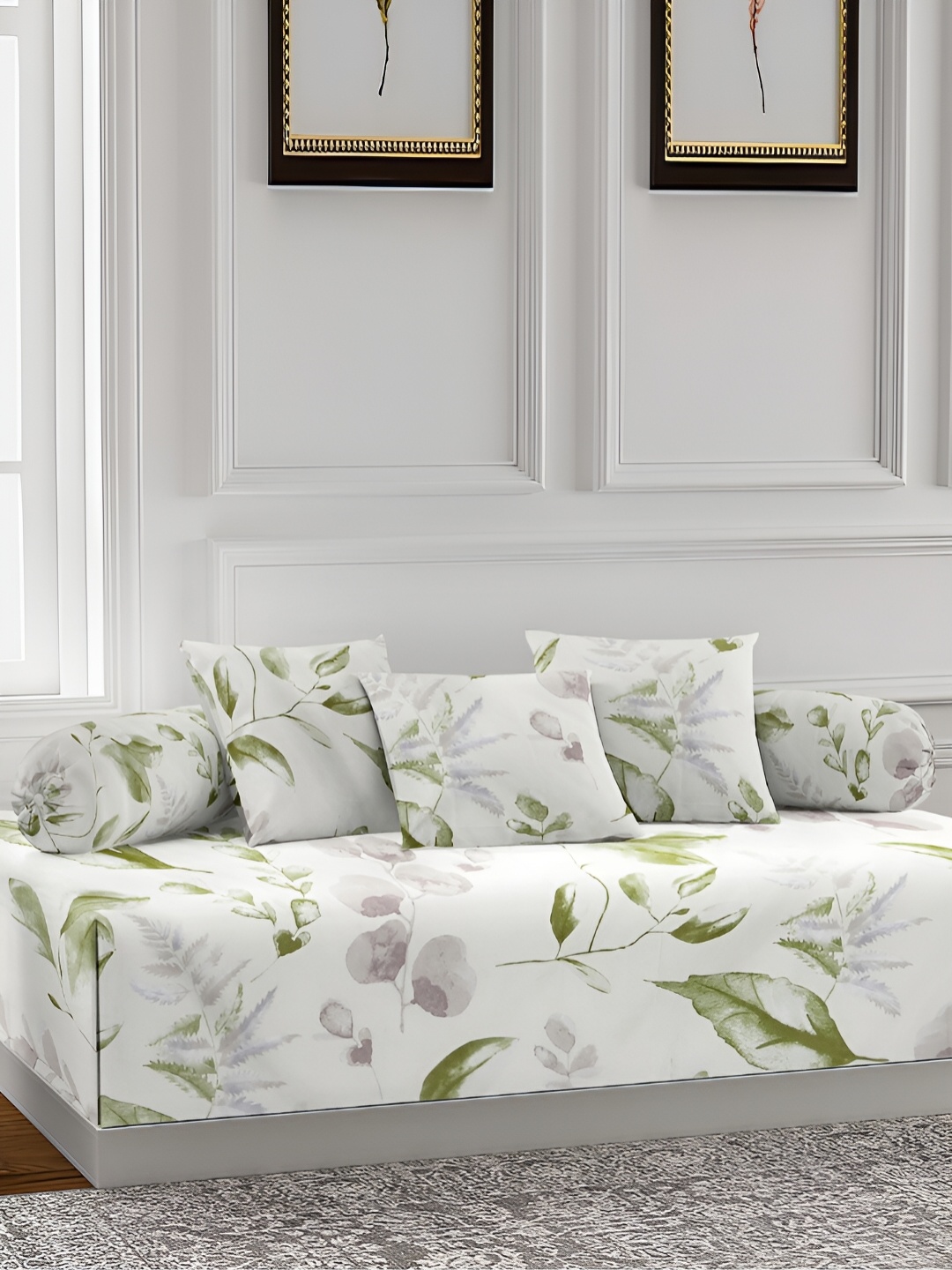 

Arrabi Cream & Green 6 Pieces Tropical Printed Diwan Set