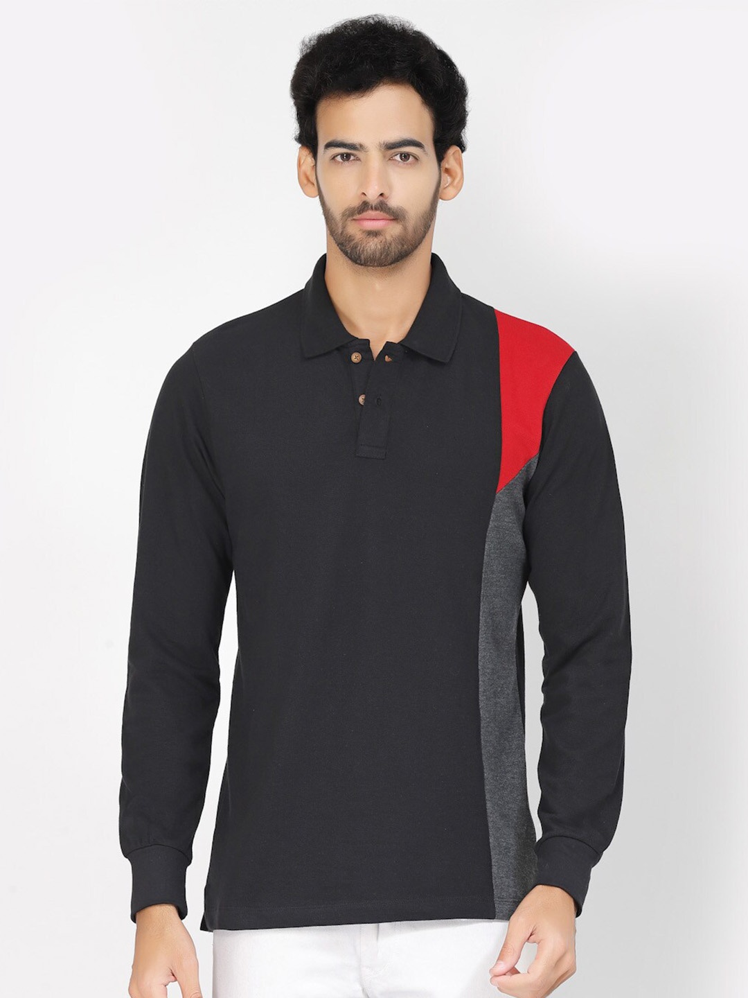 

Kalt Colorblocked Polo Collar Pockets T-shirt, Black
