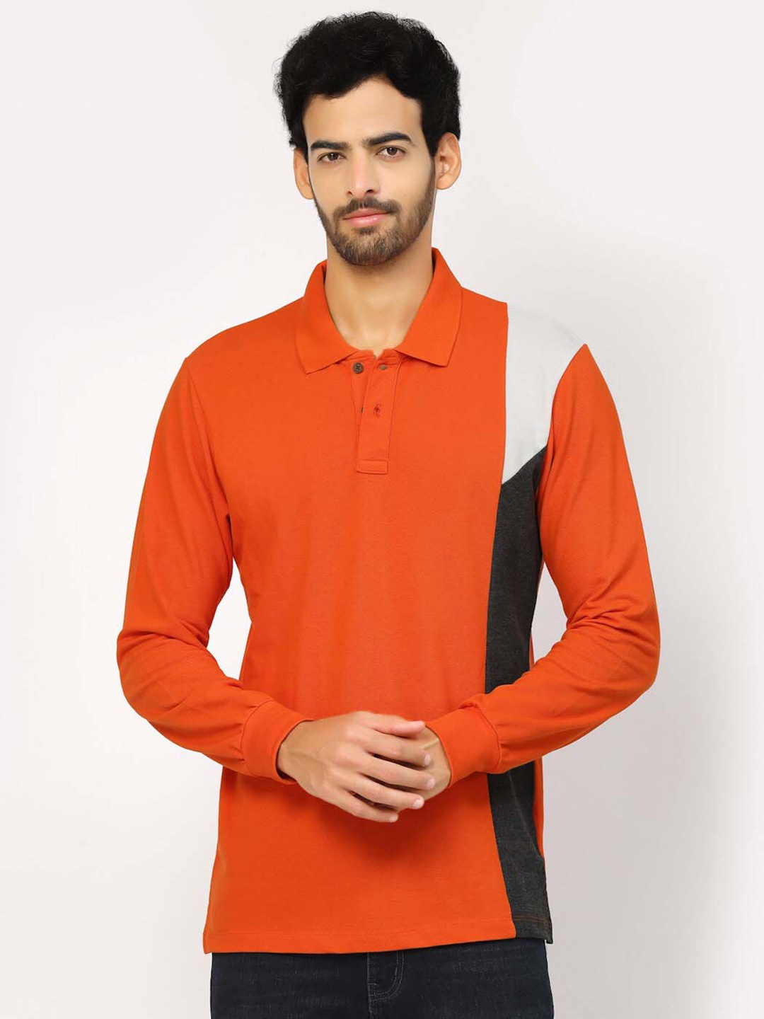 

Kalt Colourblocked Polo Collar Casual T-shirt, Orange